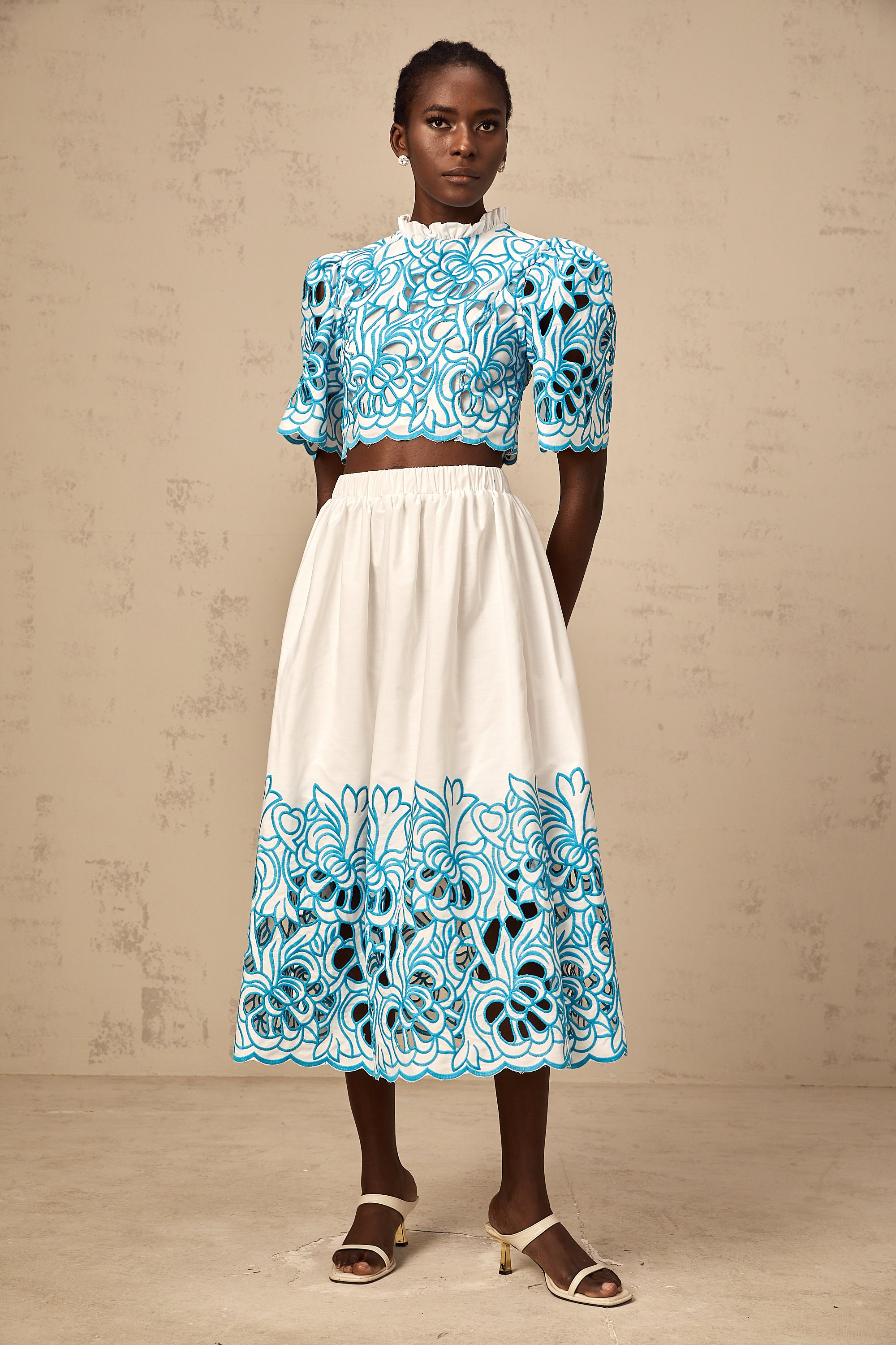 Aurore blue cut-out embroidered top & skirt matching set