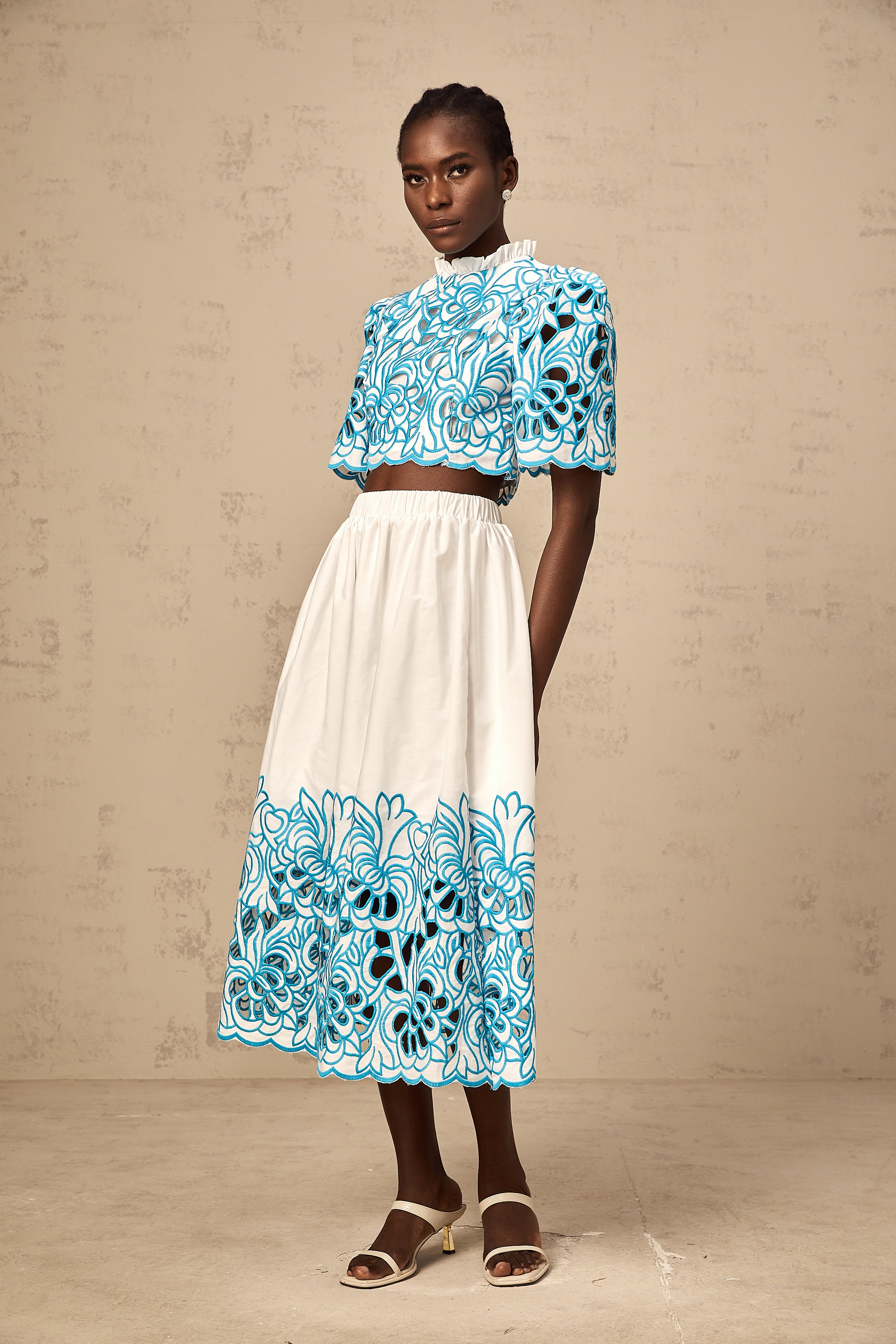 Aurore blue cut-out embroidered top & skirt matching set
