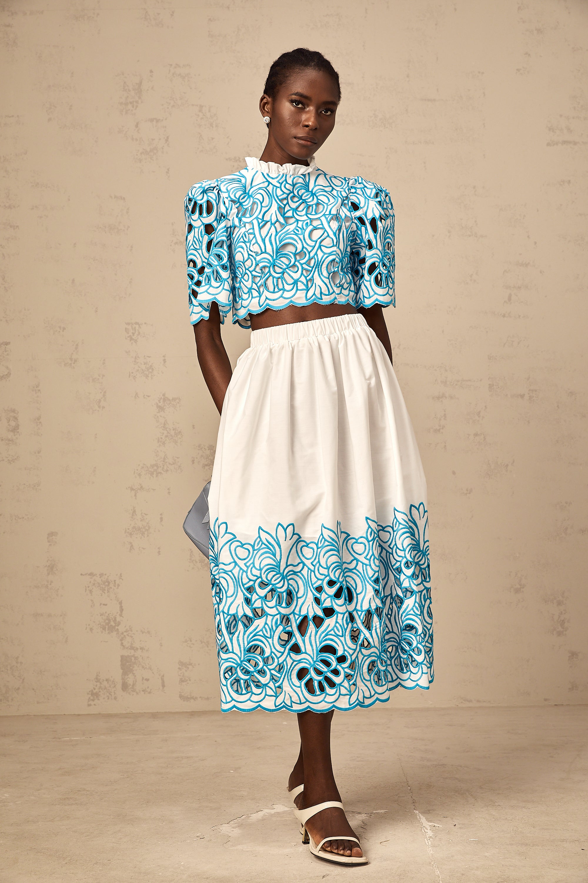 Aurore blue cut-out embroidered top & skirt matching set
