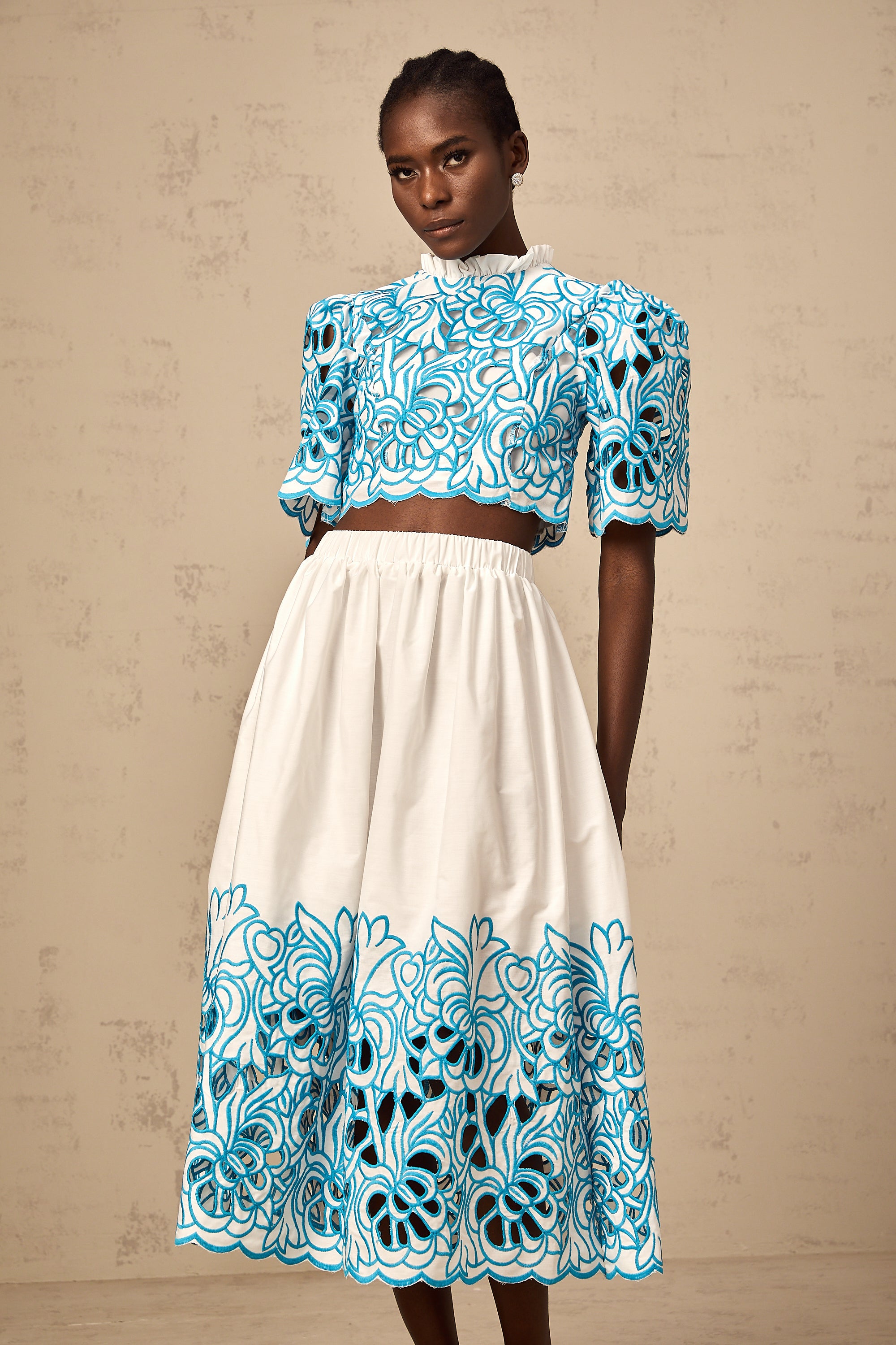 Aurore blue cut-out embroidered top & skirt matching set