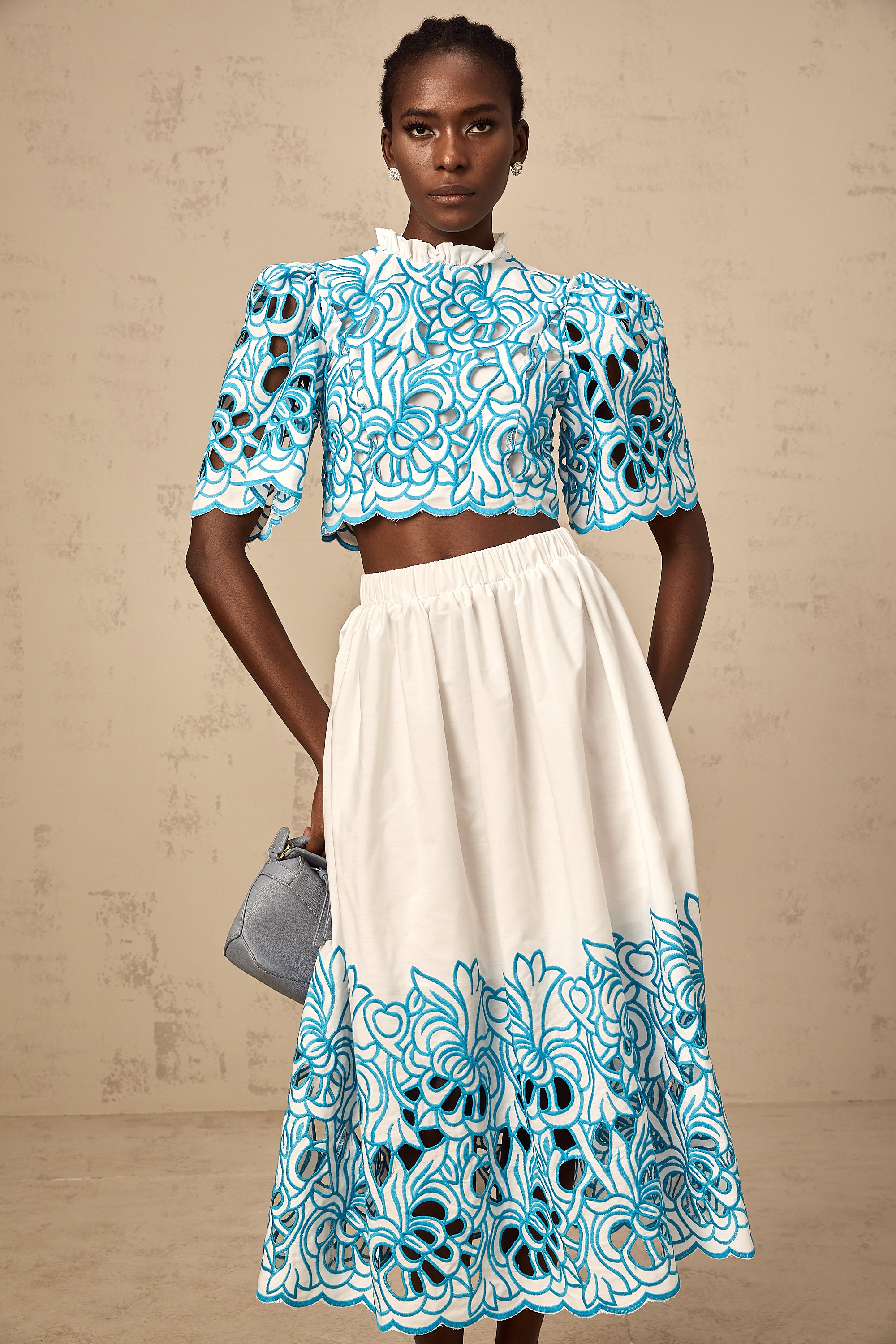 Aurore blue cut-out embroidered top & skirt matching set