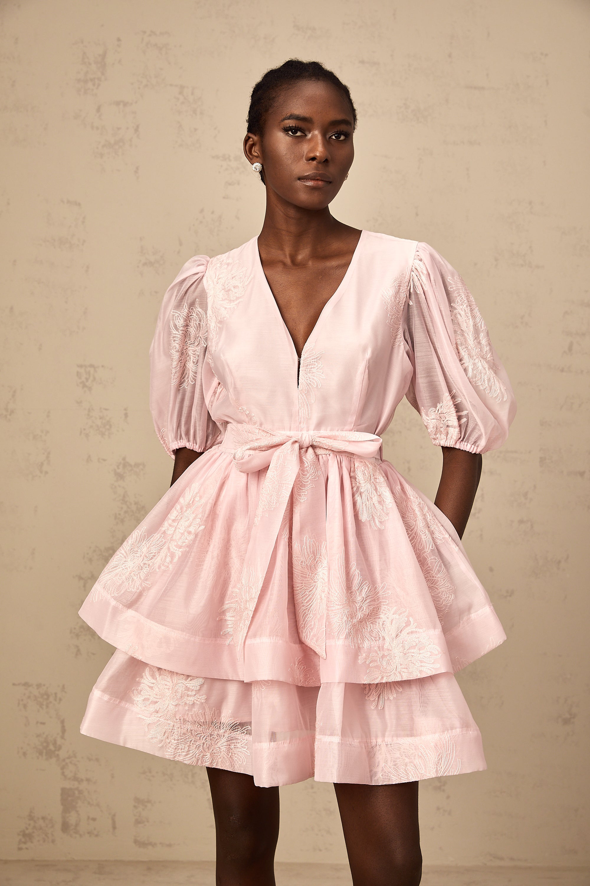 Florence pink floral-embroidered layered mini dress