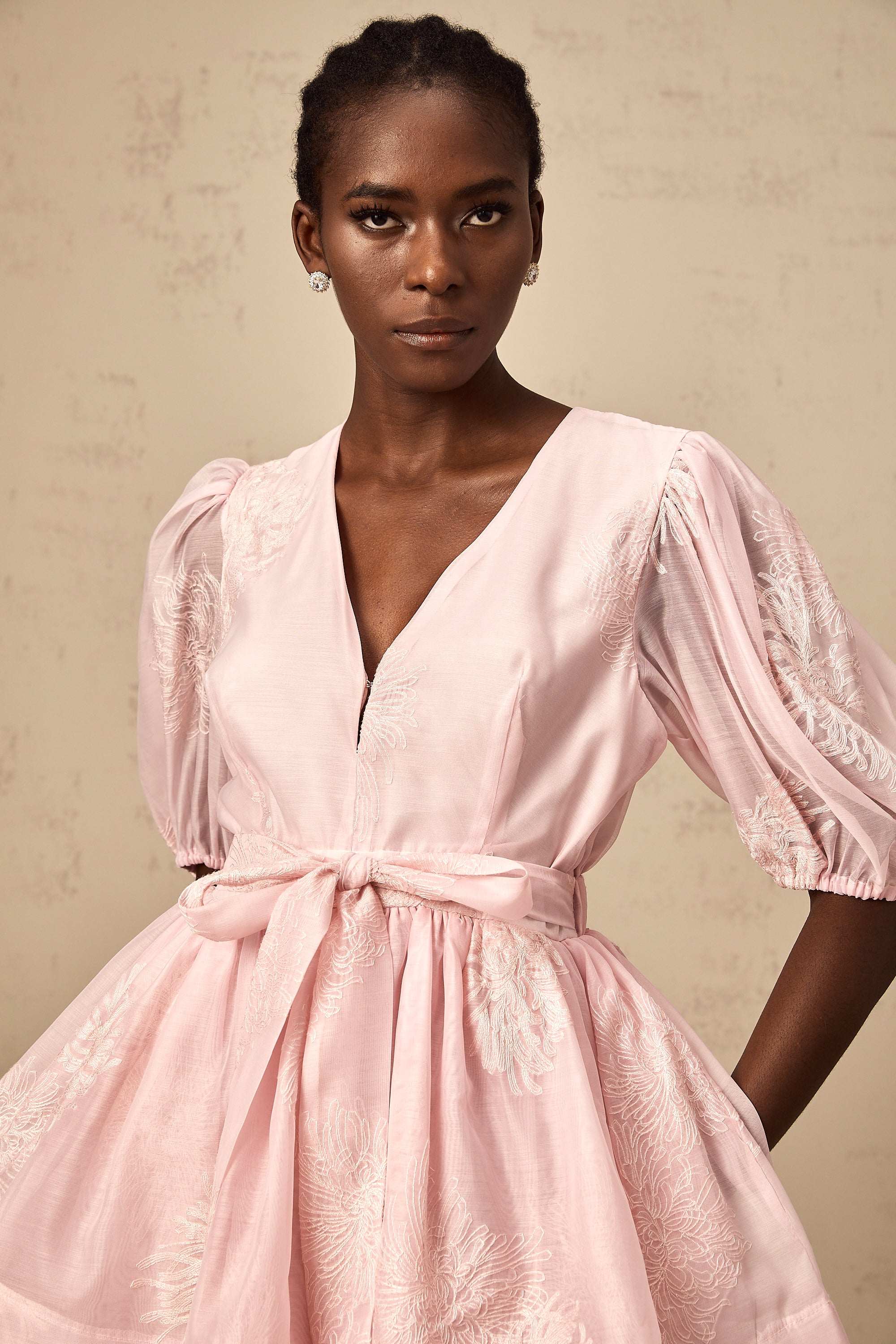 Florence pink floral-embroidered layered mini dress