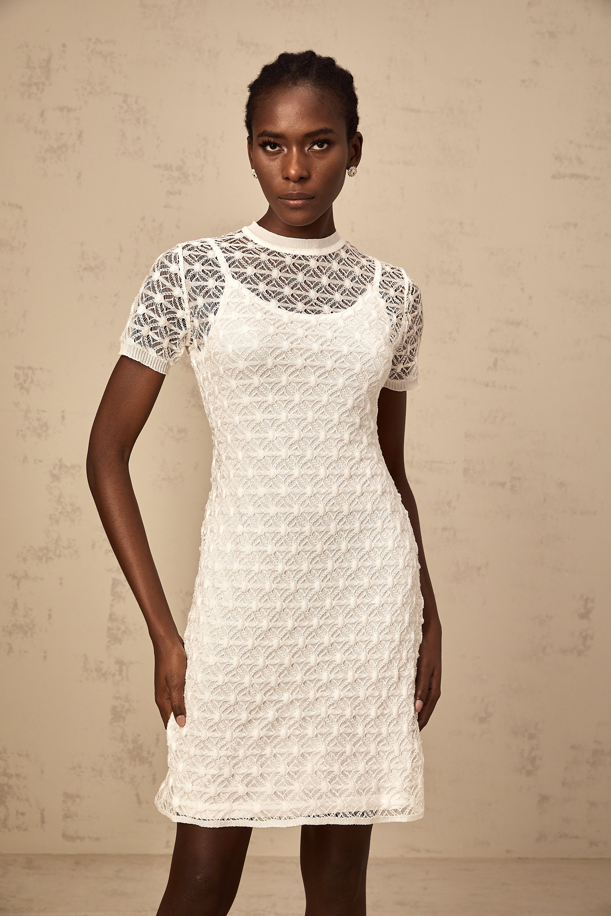 Vanessa white semi-sheer knit mini dress (Final Sale)