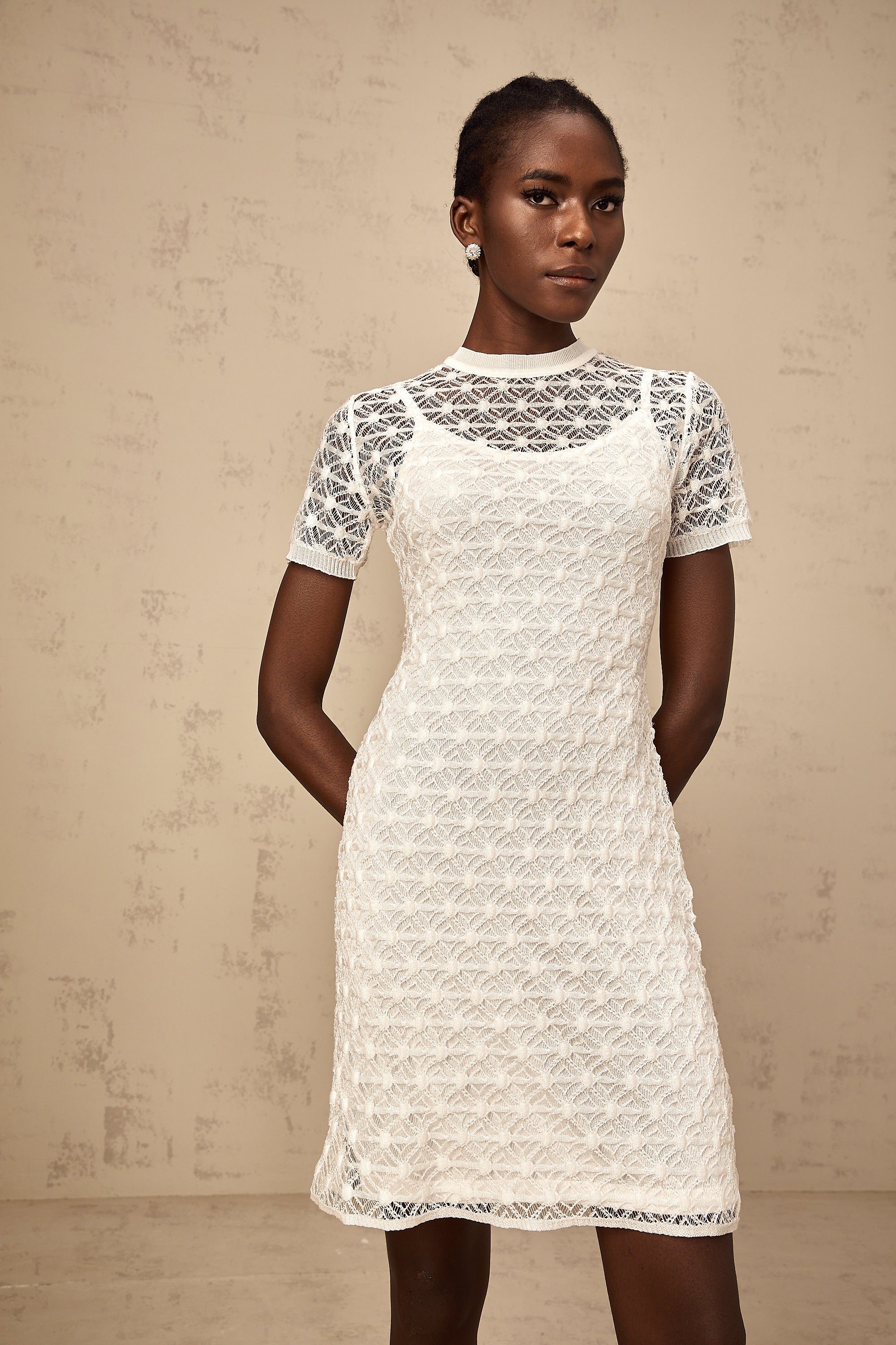 Vanessa white semi-sheer knit mini dress (Final Sale)