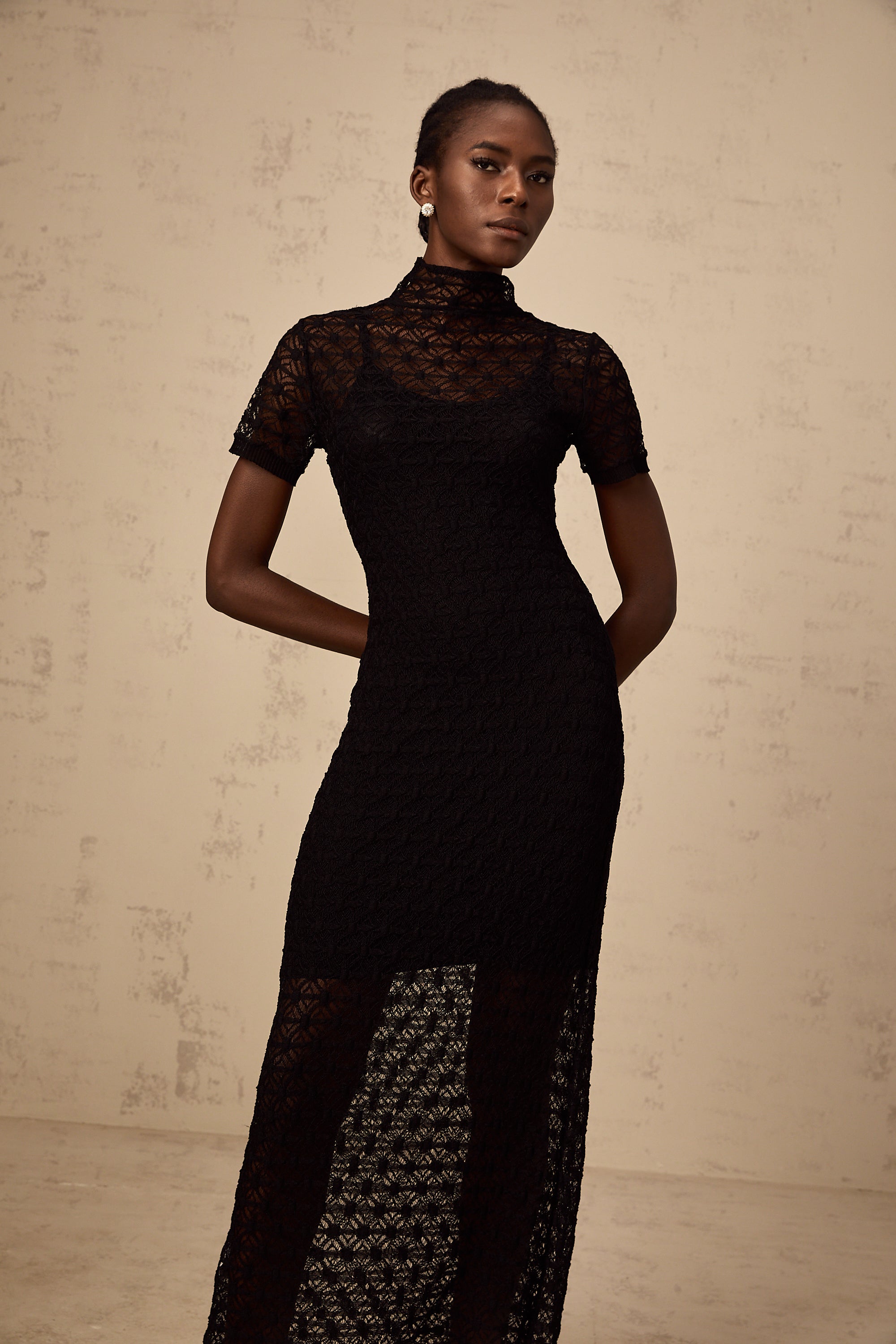 Vanessa black semi-sheer knit midi dress