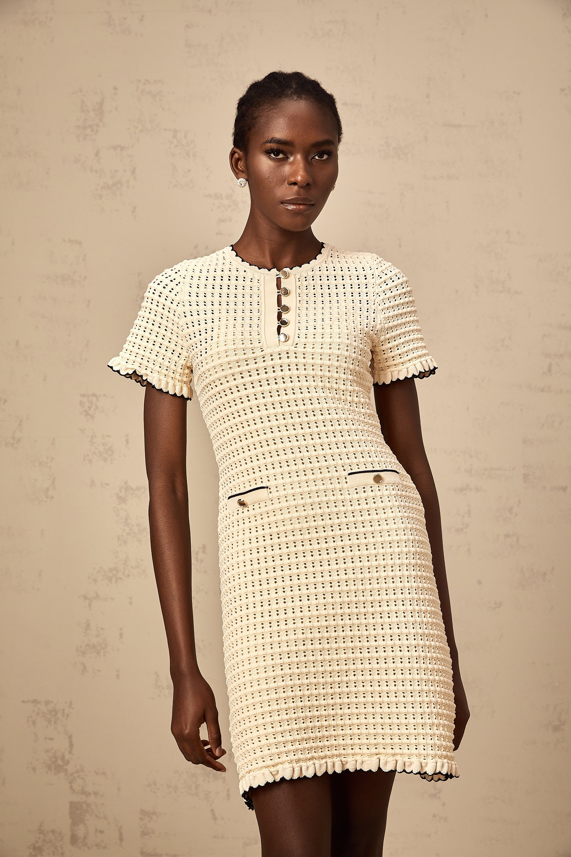 Victoire neutrals ruffled pointelle-knit mini dress