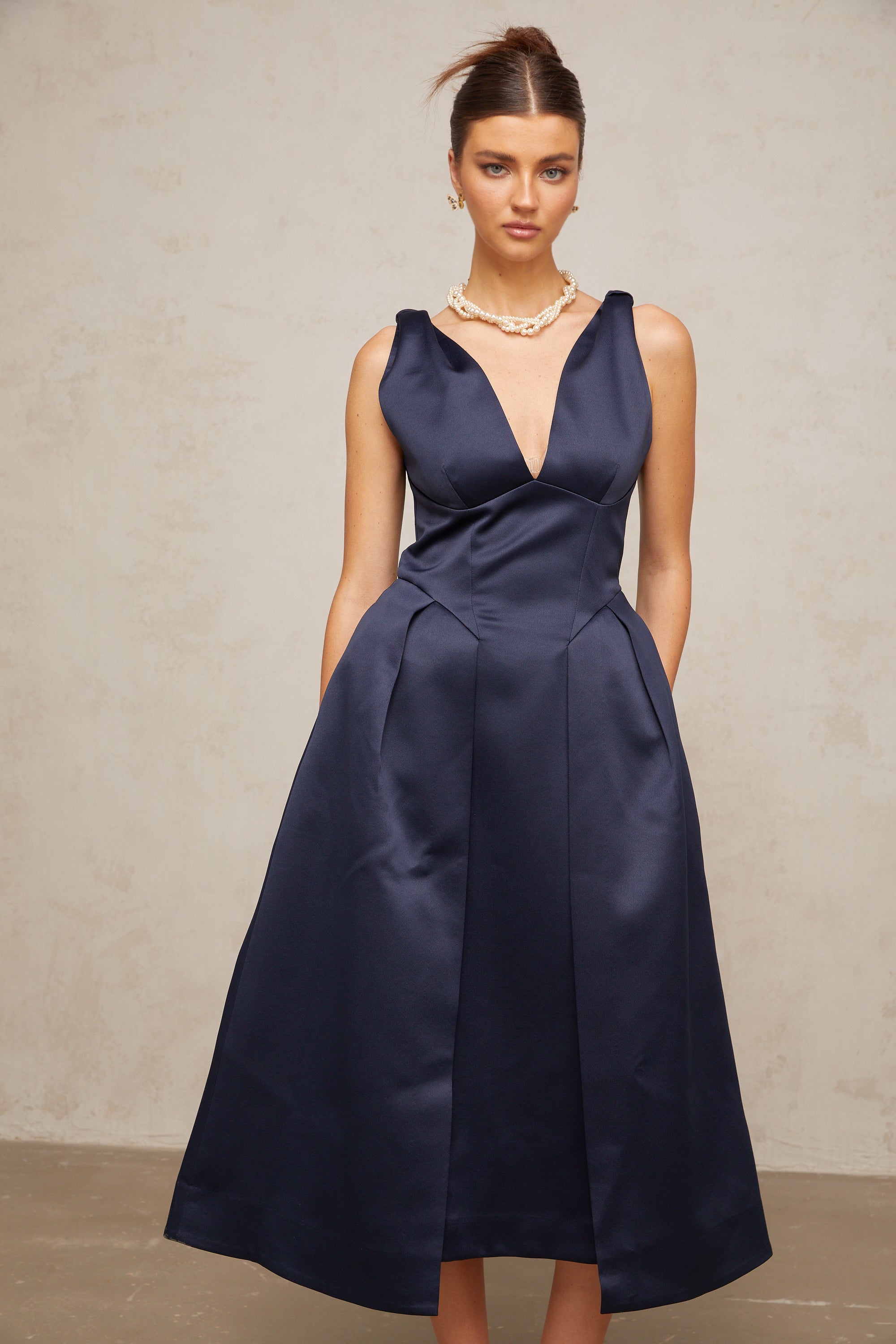 Chantale blue twist-detail satin midi dress