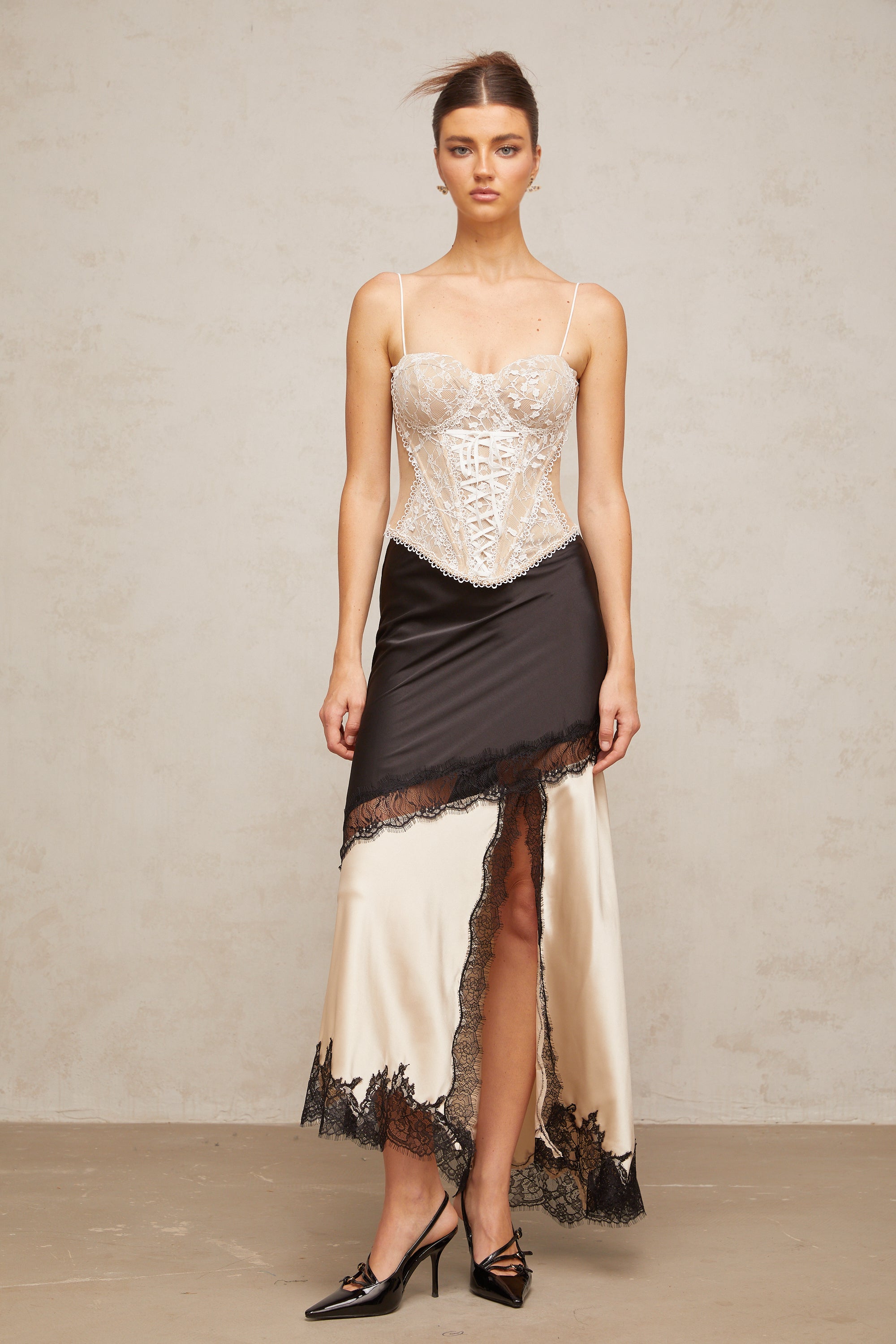 Raphaëlle lace-panel asymmetrical satin skirt