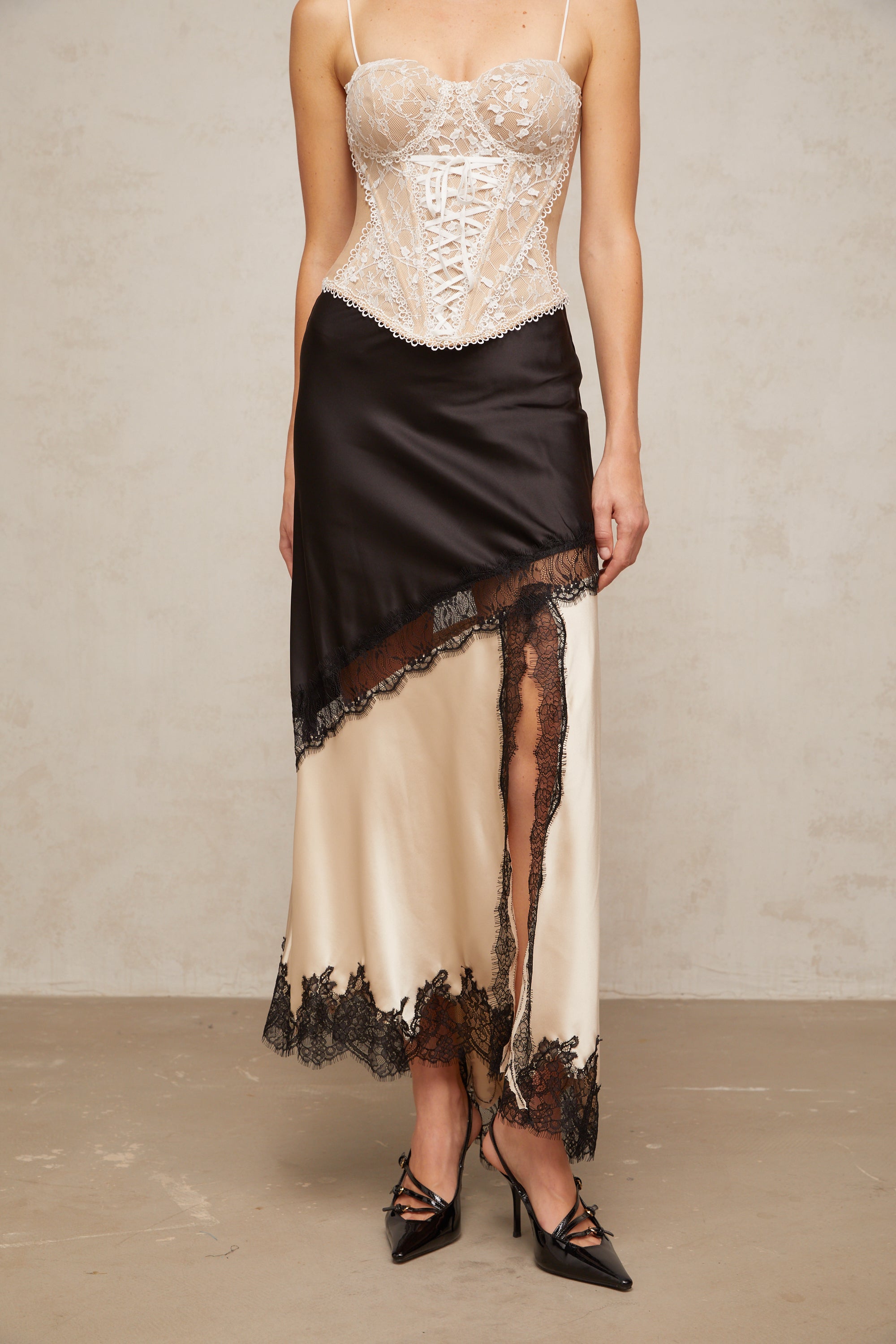 Raphaëlle lace-panel asymmetrical satin skirt
