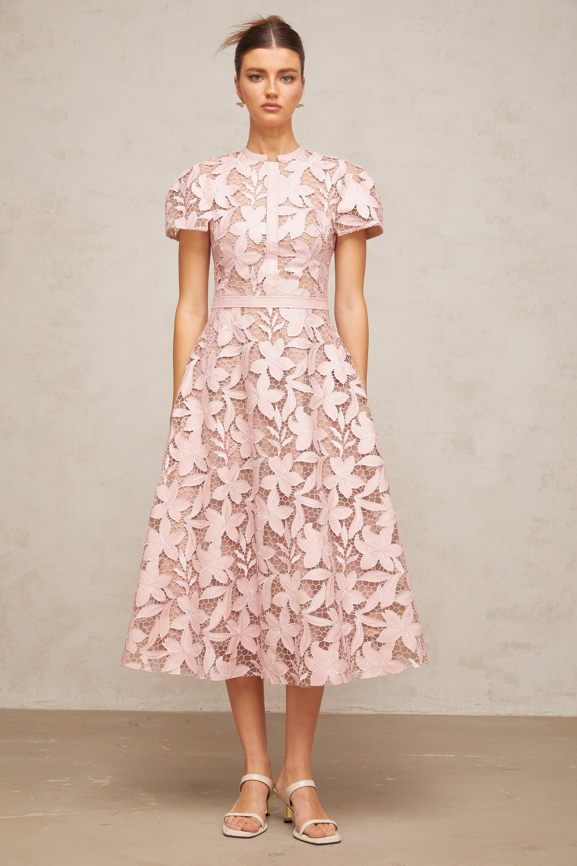 Vérane pink guipure-lace midi dress