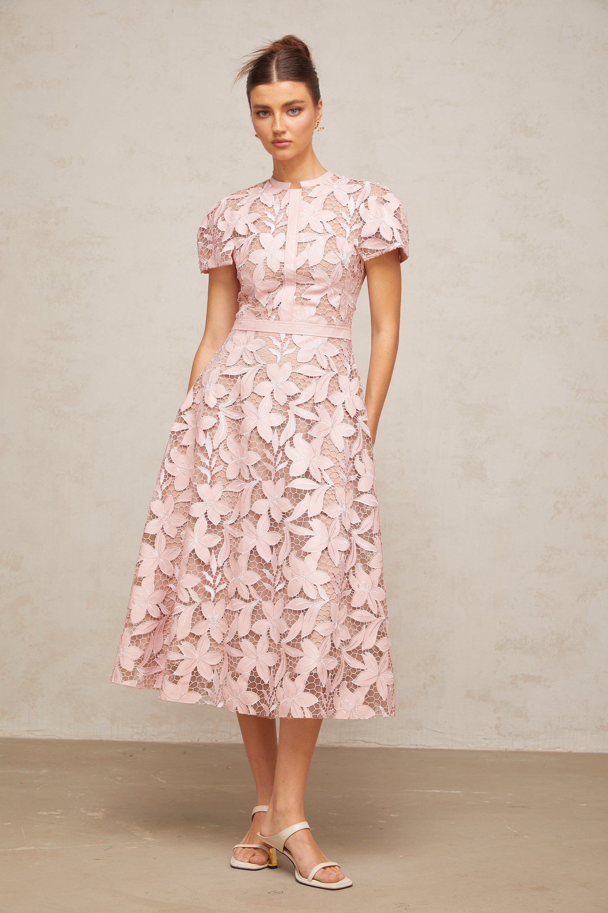Vérane pink guipure-lace midi dress