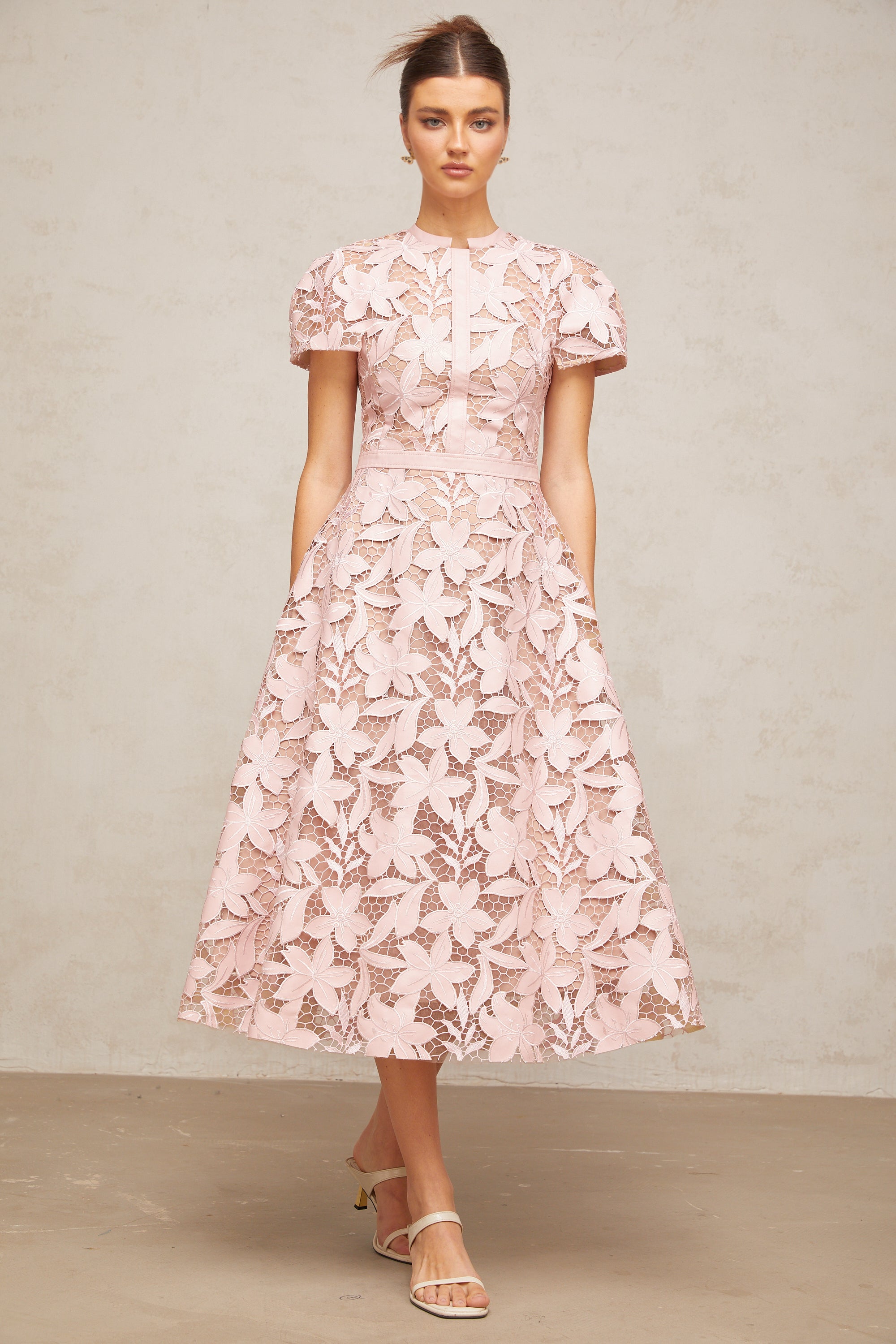 Vérane pink guipure-lace midi dress