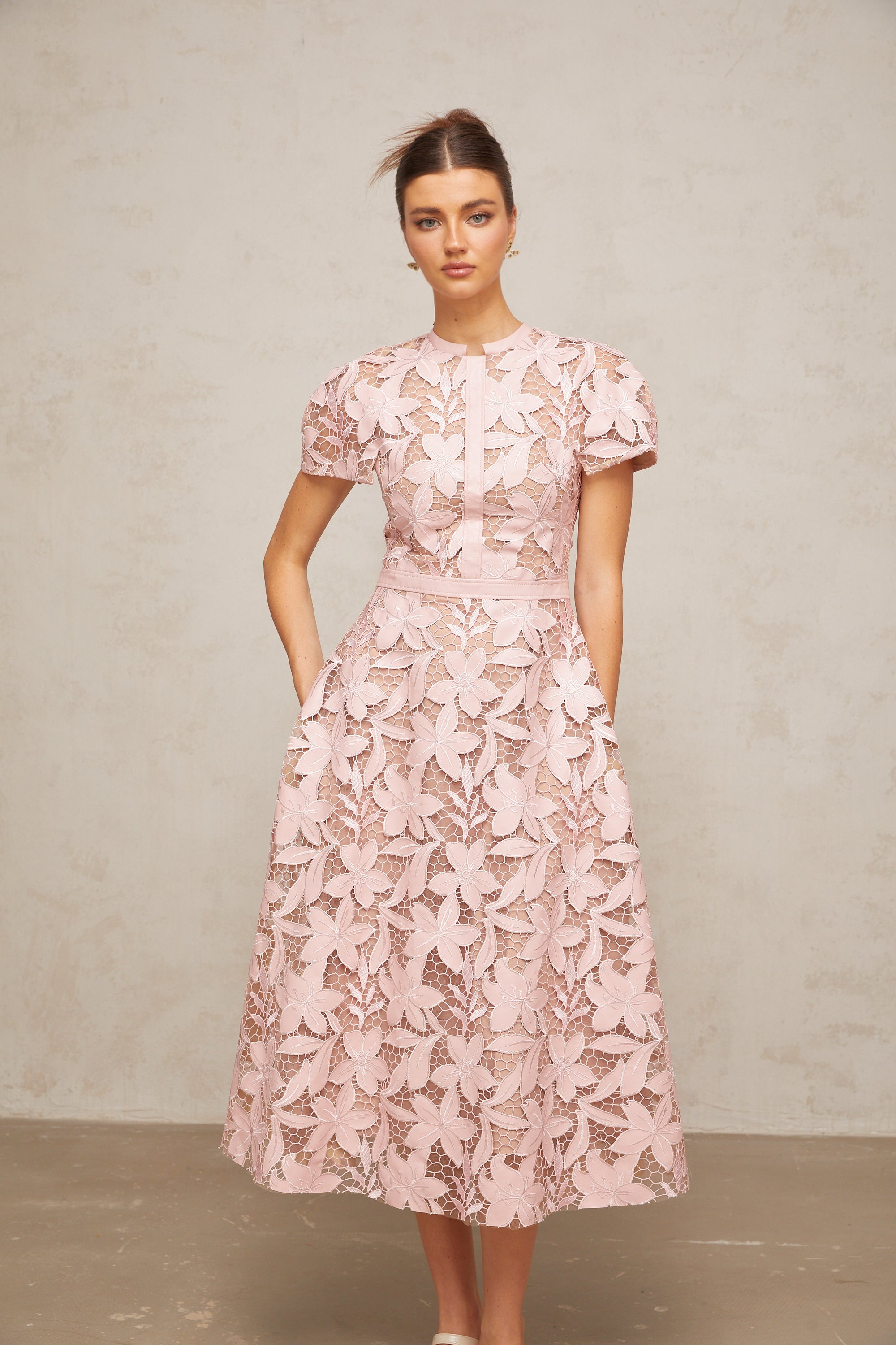 Vérane pink guipure-lace midi dress