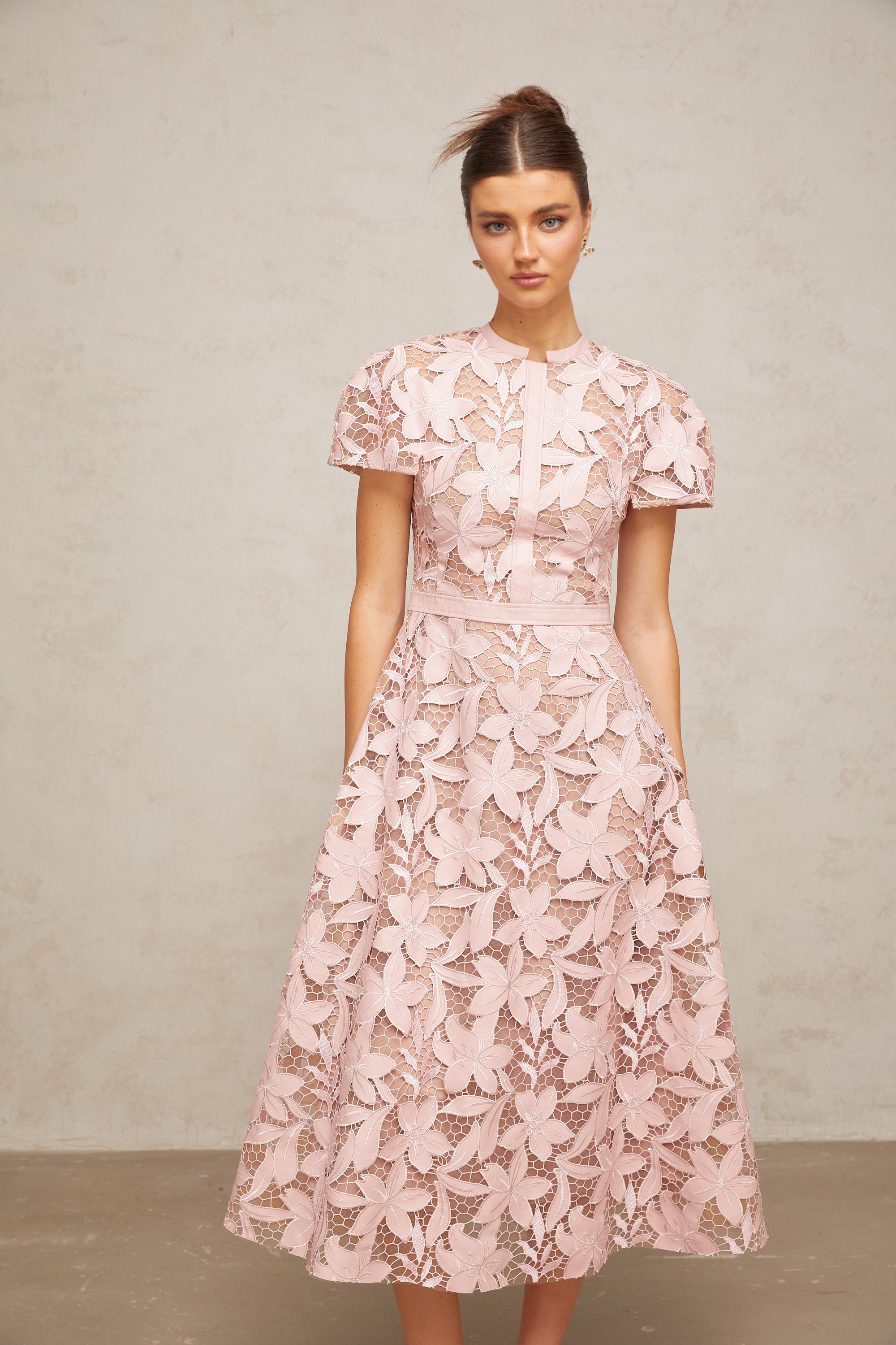 Vérane pink guipure-lace midi dress