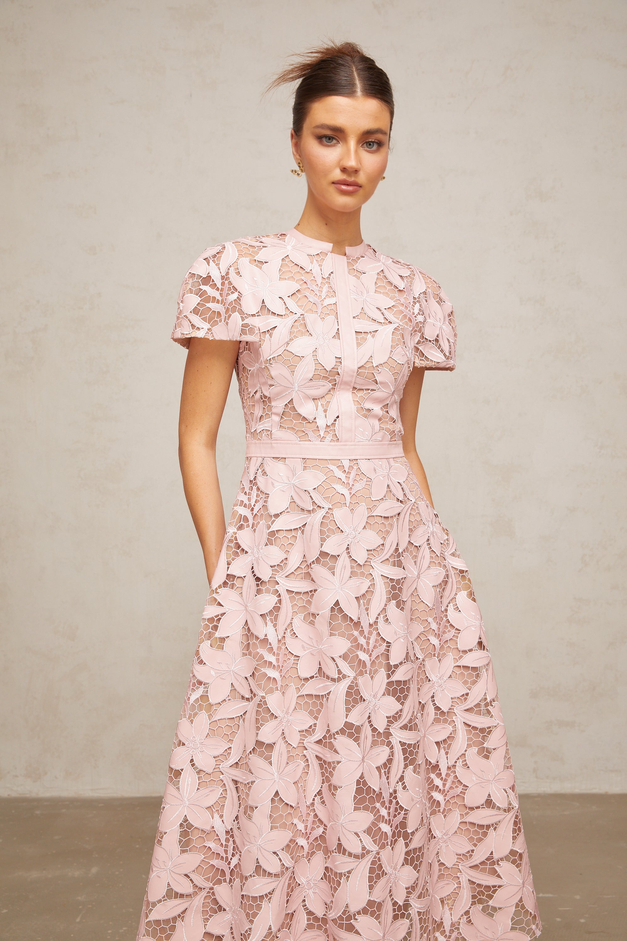 Vérane pink guipure-lace midi dress