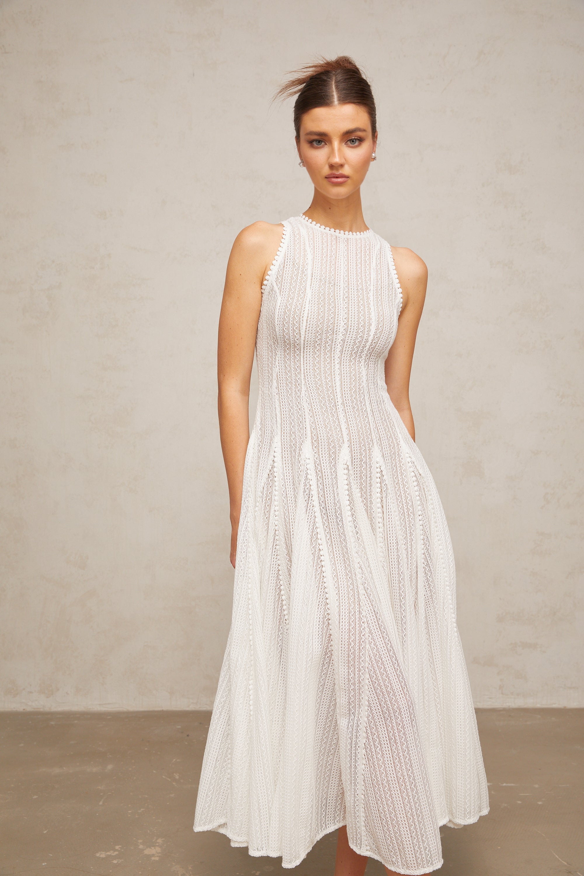 Weißes Pointelle-Puff-Midikleid „Hélène“