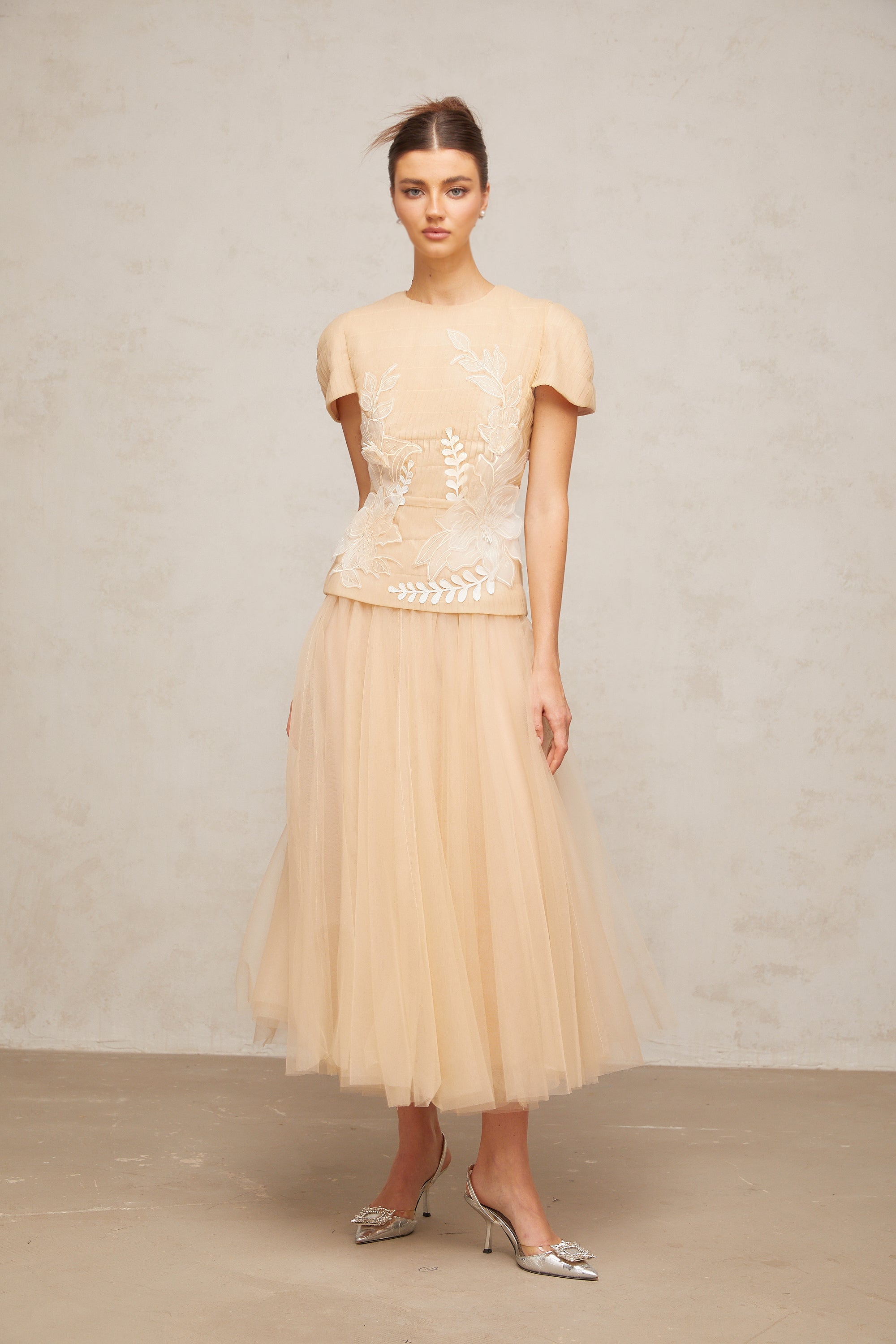 Ludivine floral-appliqué tulle top & skirt matching set