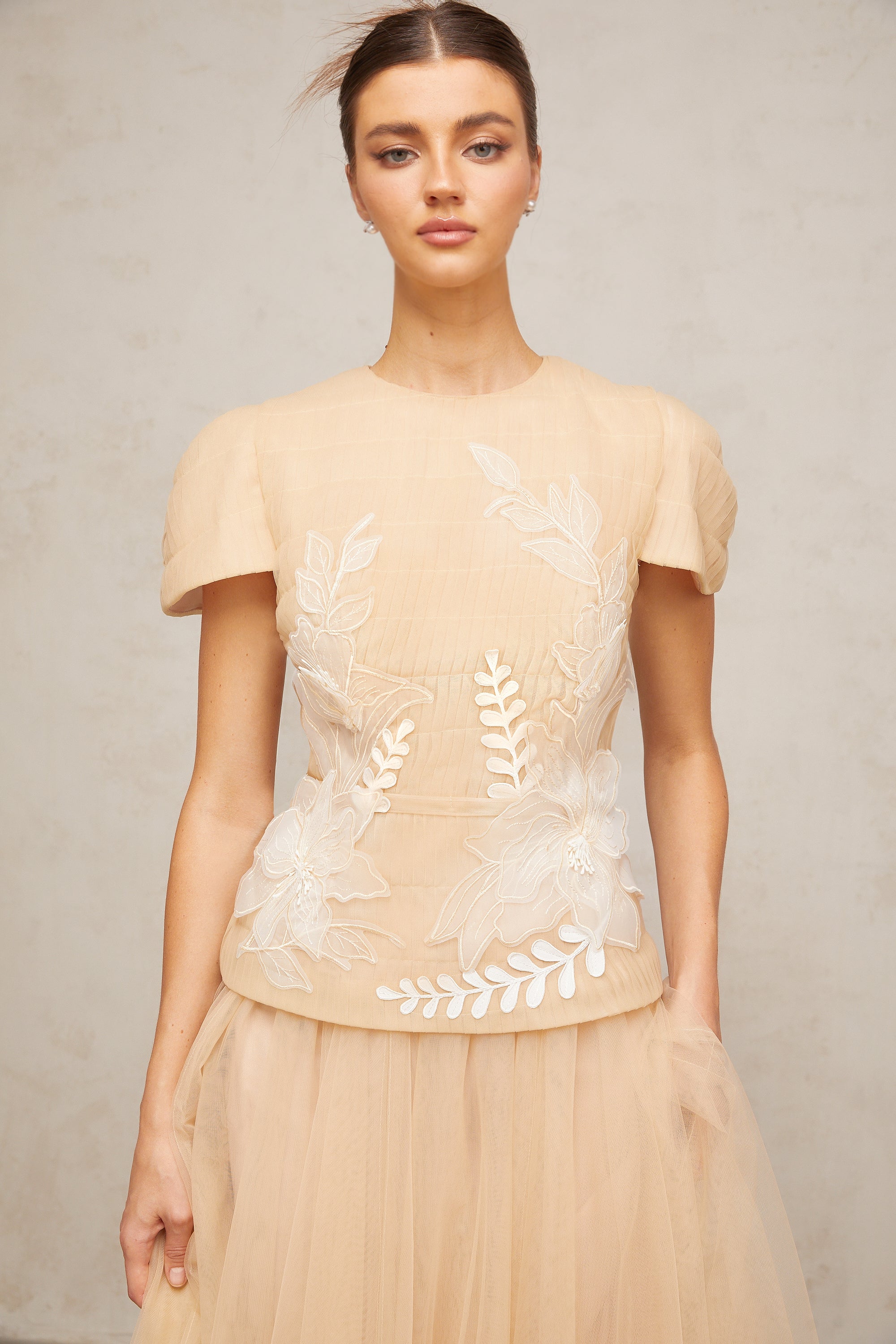 Ludivine floral-appliqué tulle top & skirt matching set