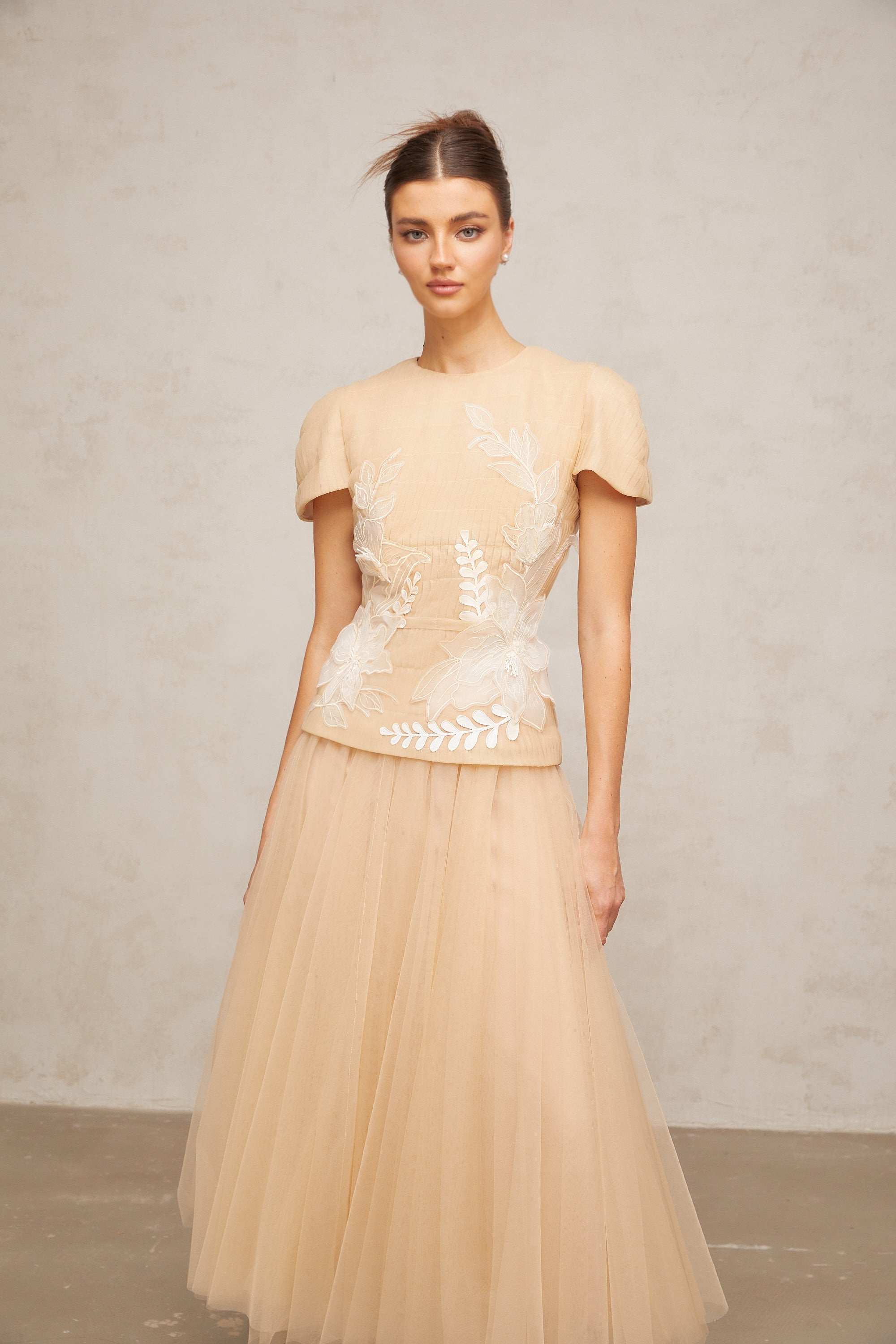 Ludivine floral-appliqué tulle top & skirt matching set