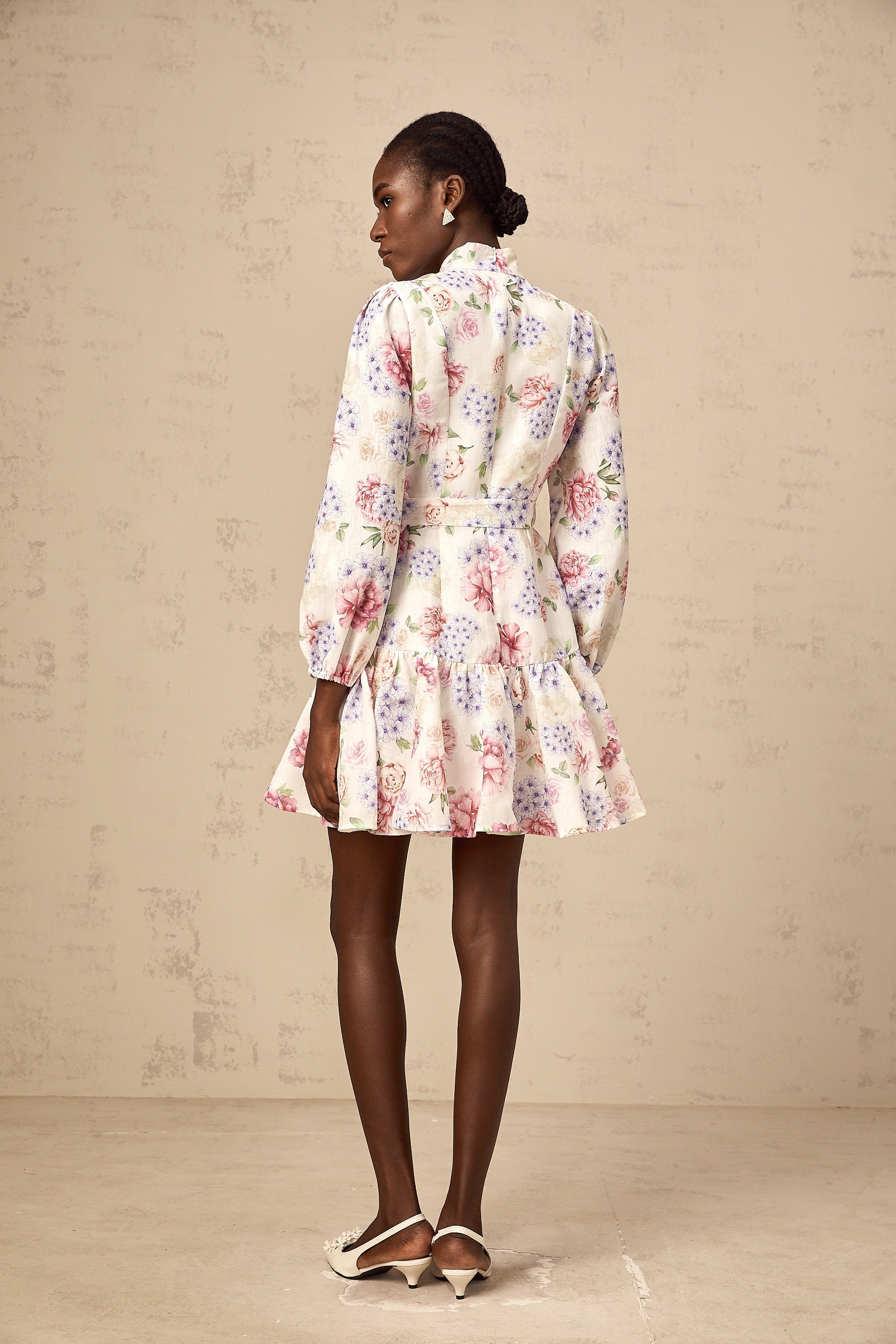 Maia tied-waist floral-print mini dress in White