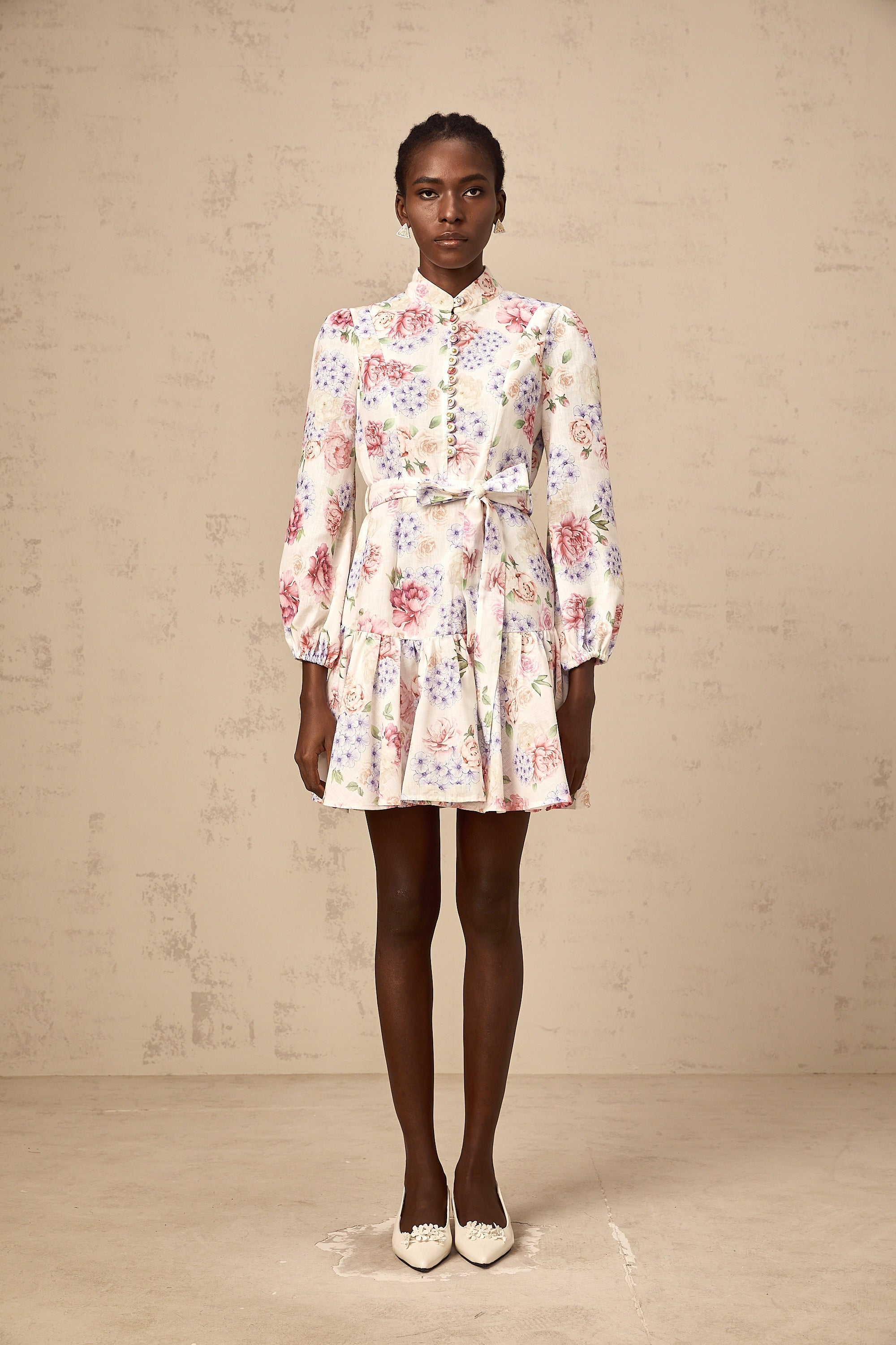 Maia tied-waist floral-print mini dress in White