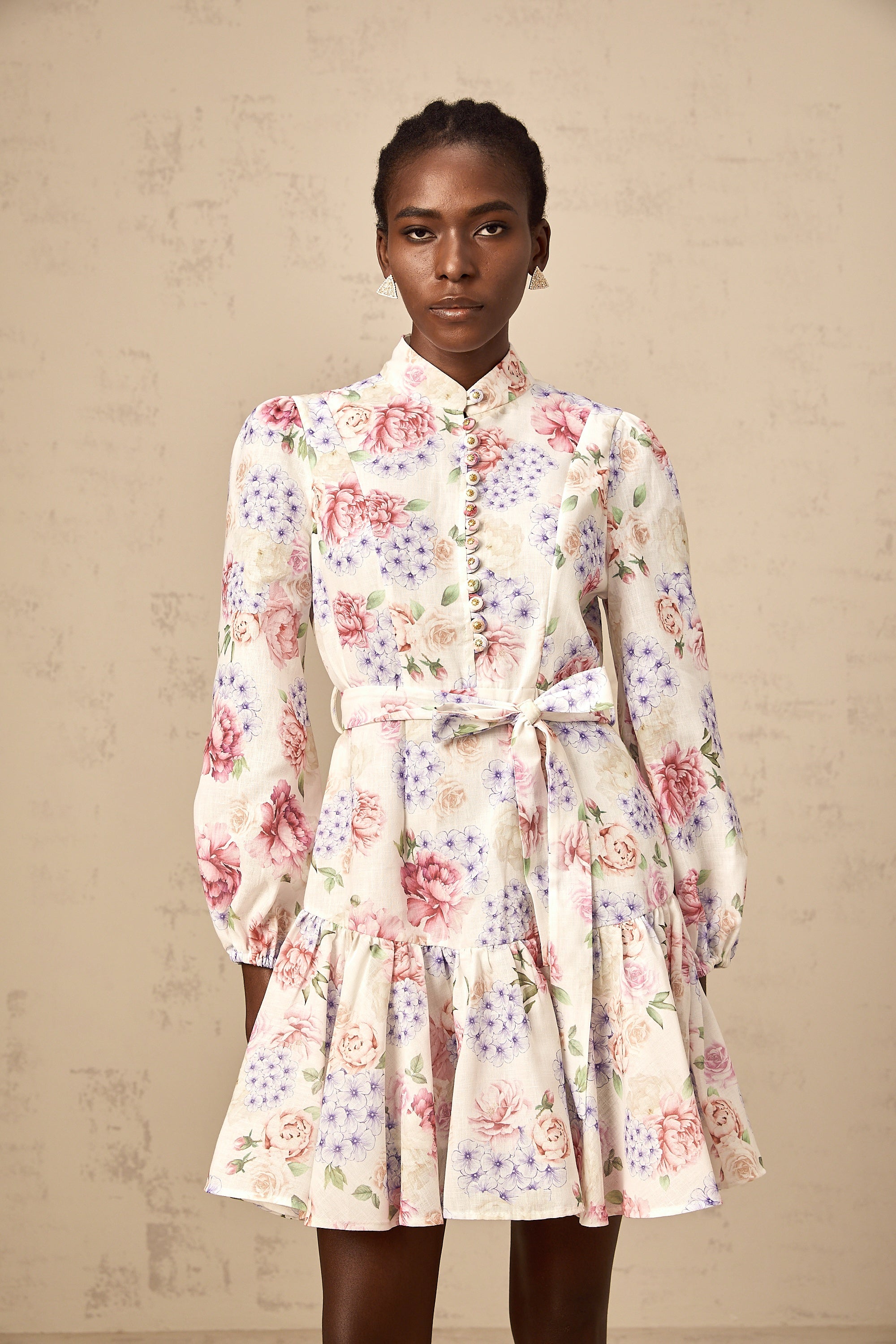 Maia tied-waist floral-print mini dress in White