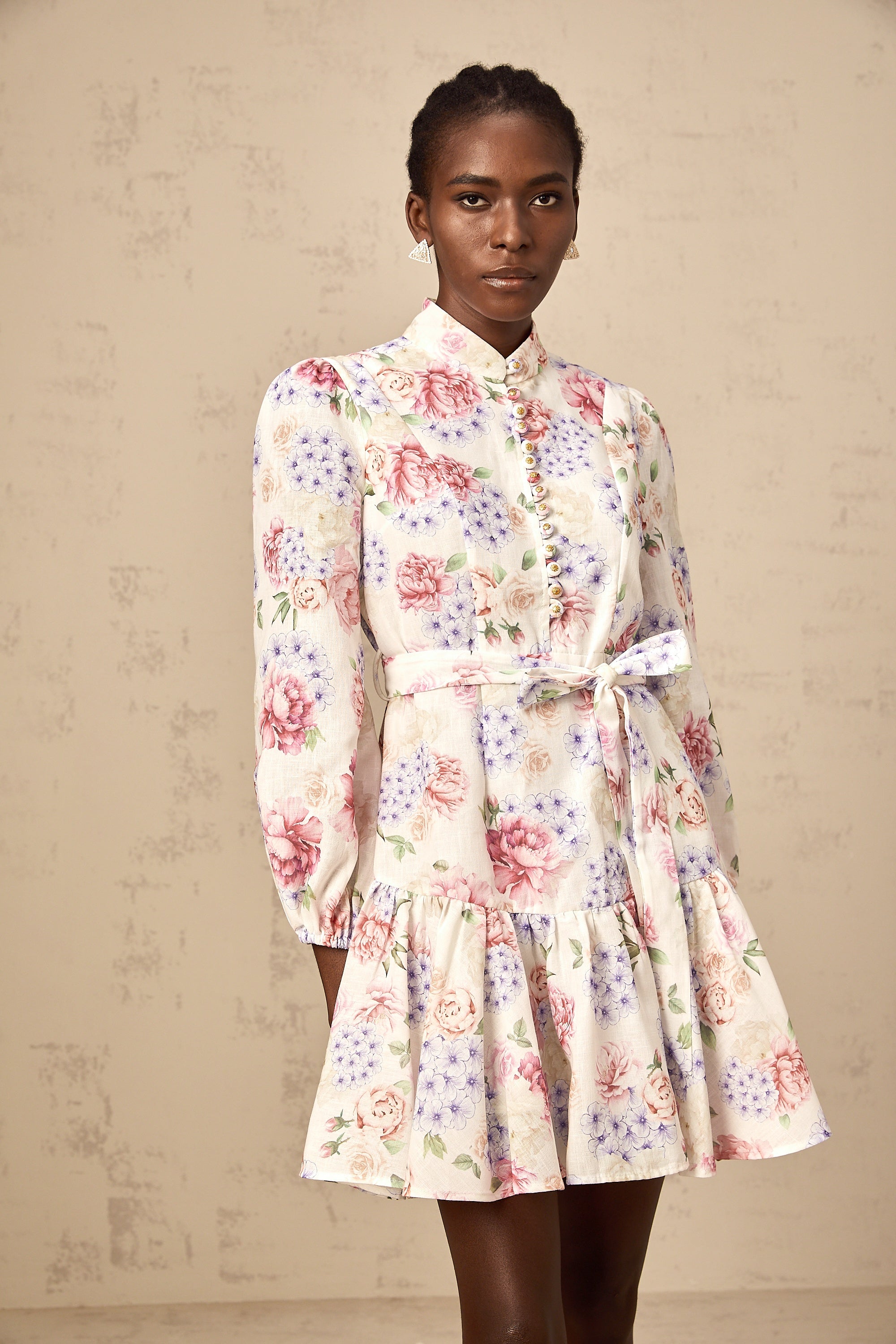 Maia tied-waist floral-print mini dress in White