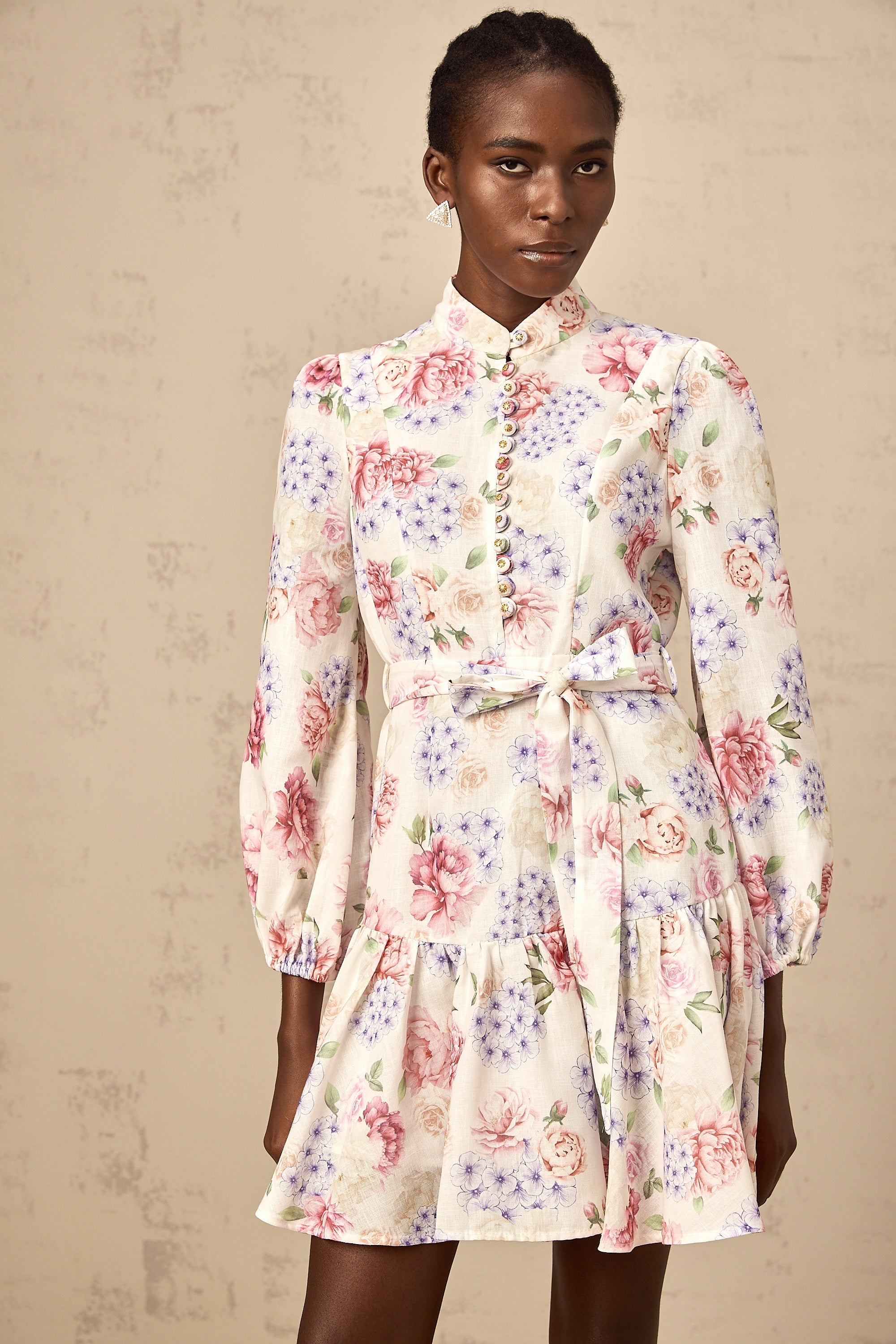 Maia tied-waist floral-print mini dress in White