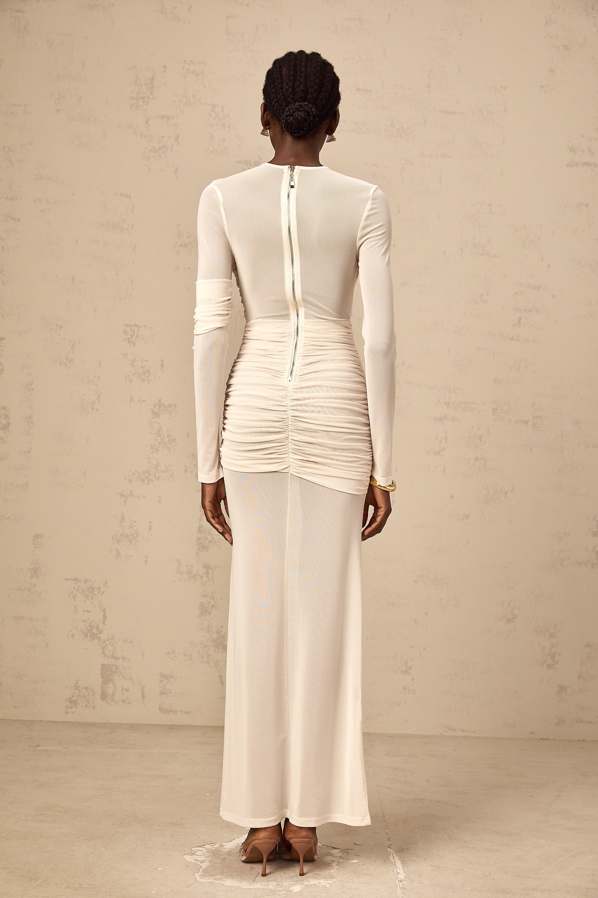 Véronique white ruched tulle maxi dress