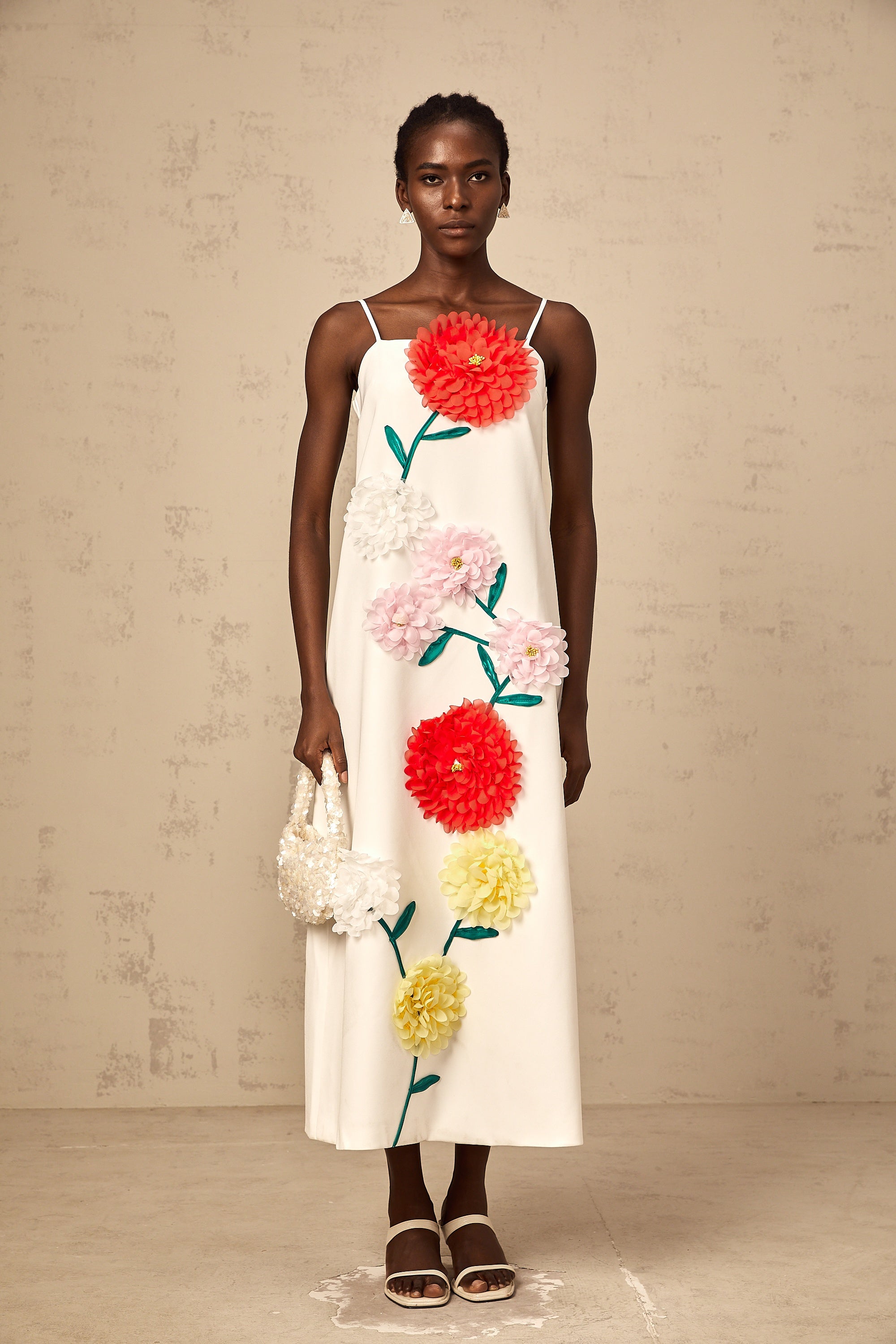 Véronique white 3d-petal sleeveless midi dress