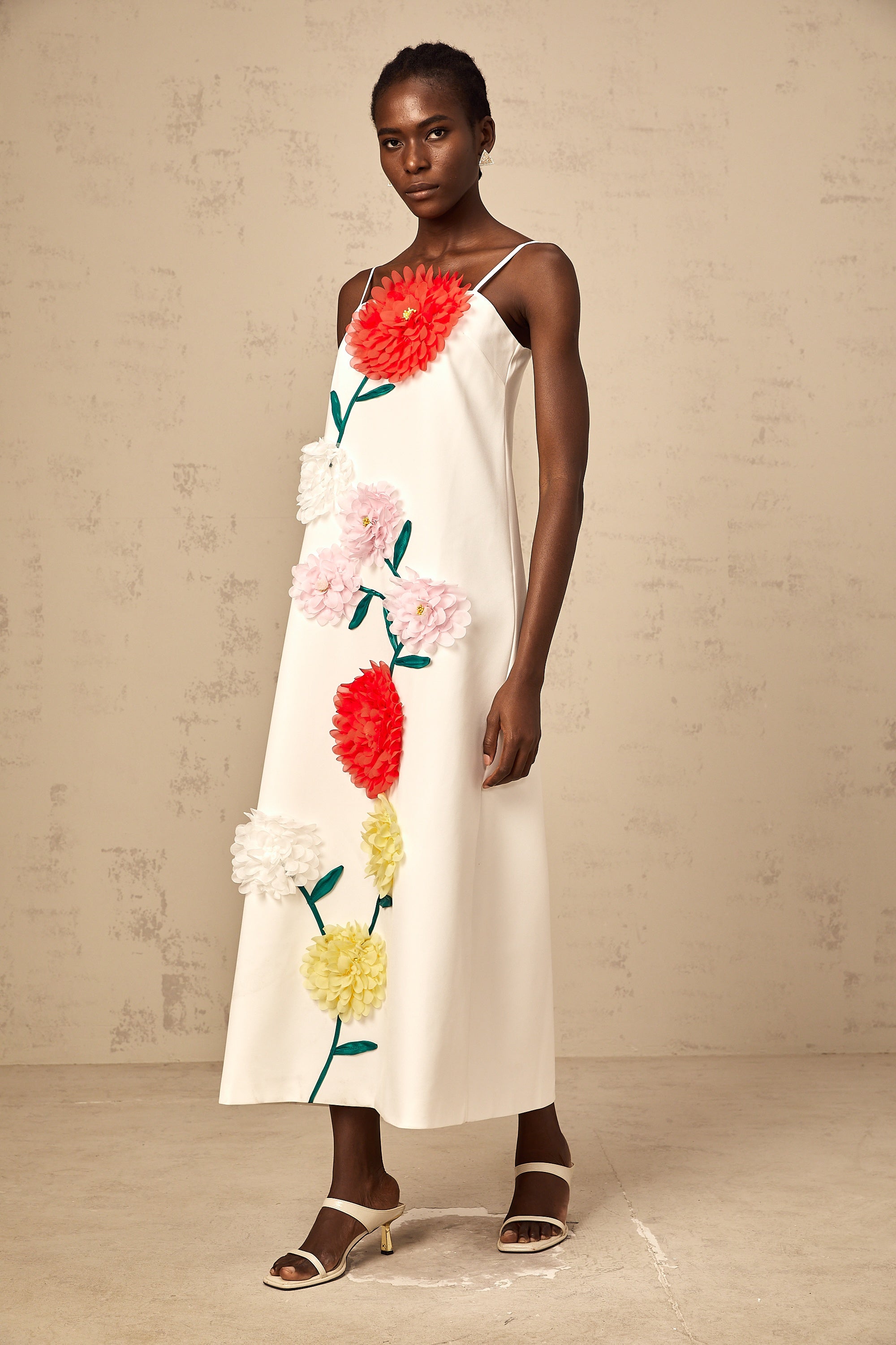 Véronique white 3d-petal sleeveless midi dress