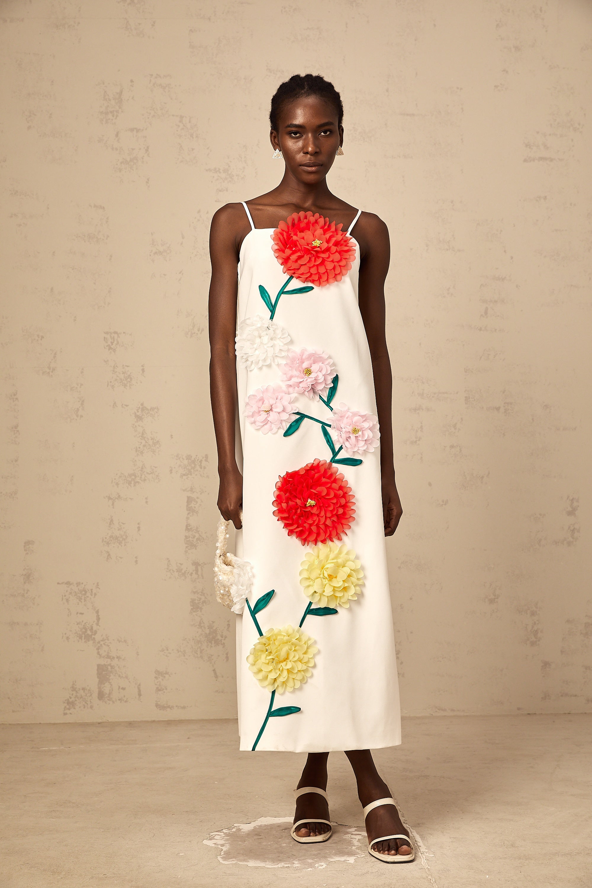 Véronique white 3d-petal sleeveless midi dress