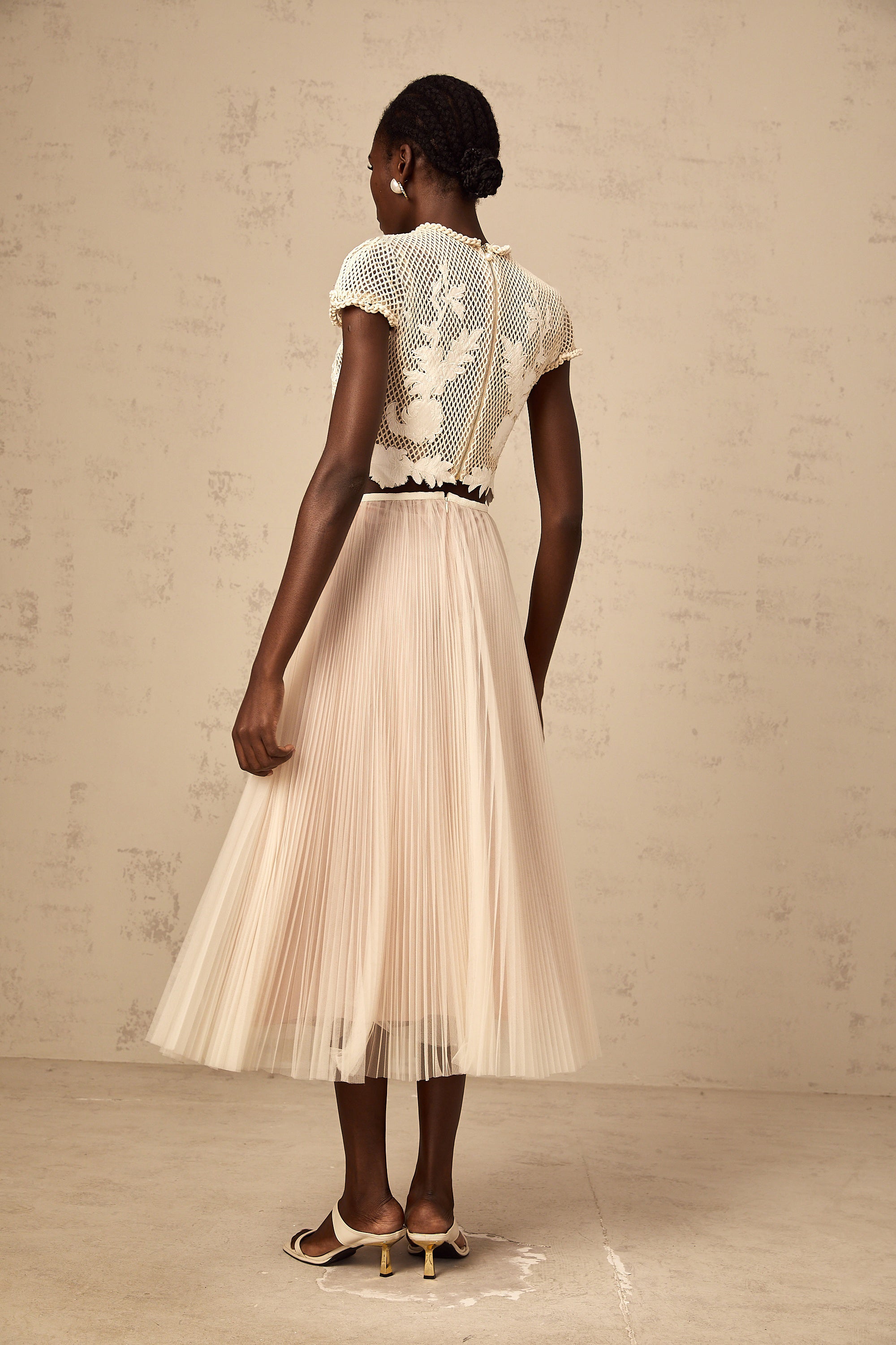 Perle neutrals floral-appliqué top & skirt matching set