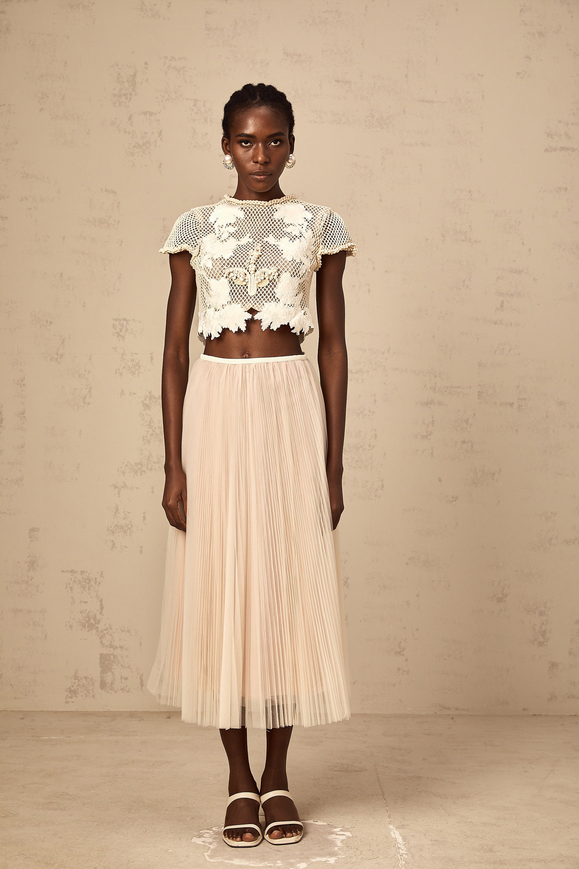 Perle neutrals floral-appliqué top & skirt matching set
