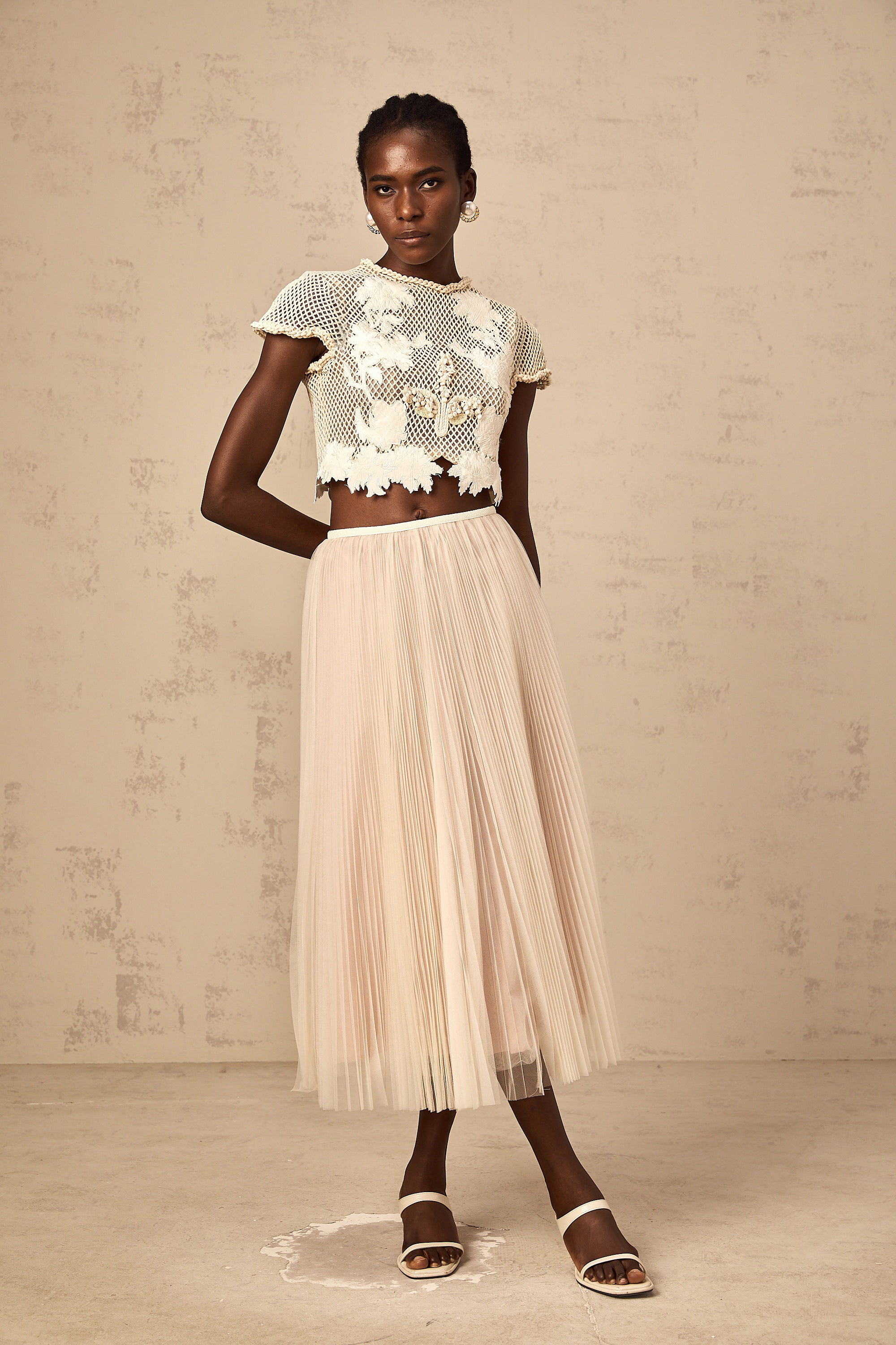 Perle neutrals floral-appliqué top & skirt matching set