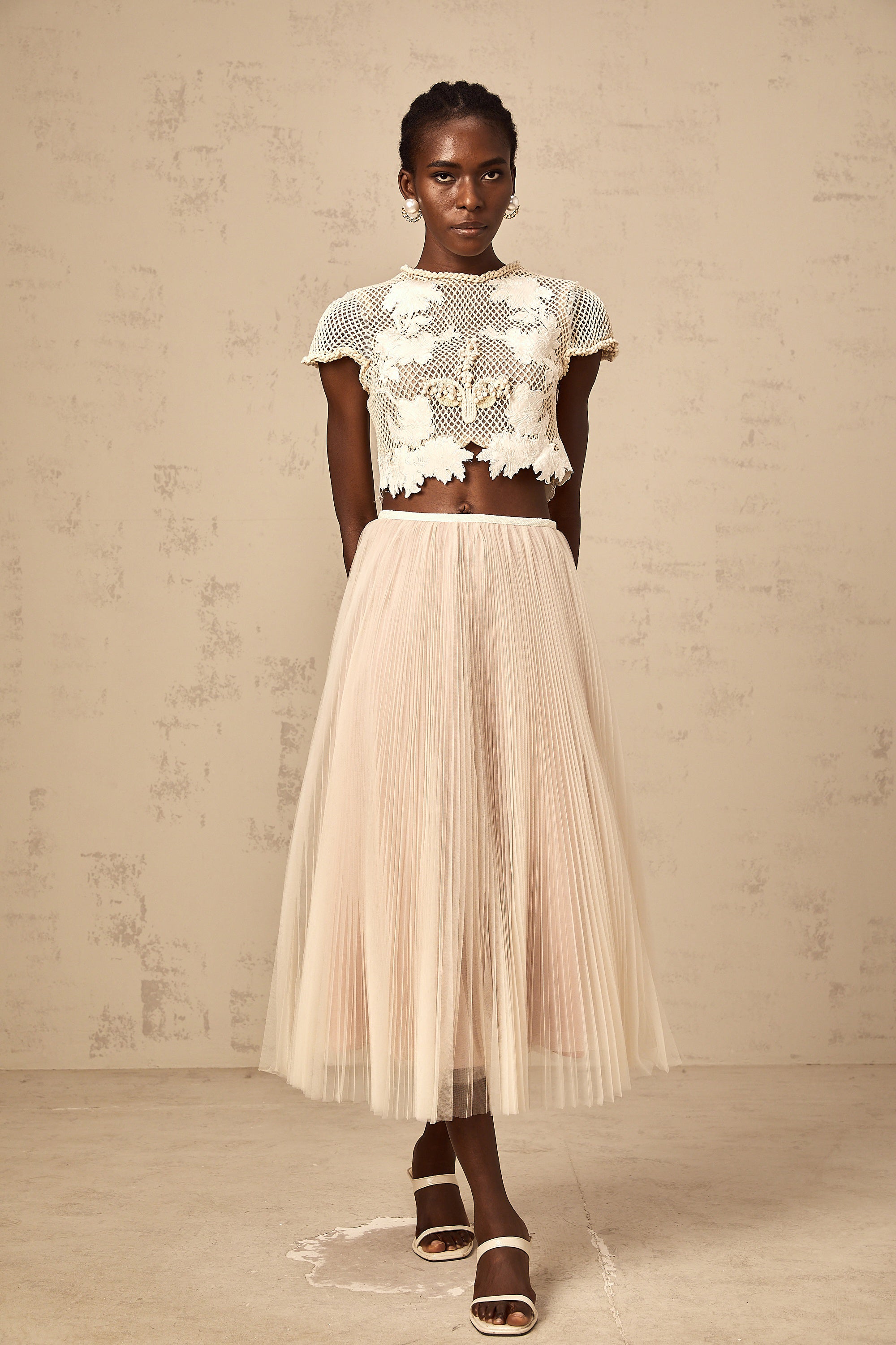 Perle neutrals floral-appliqué top & skirt matching set