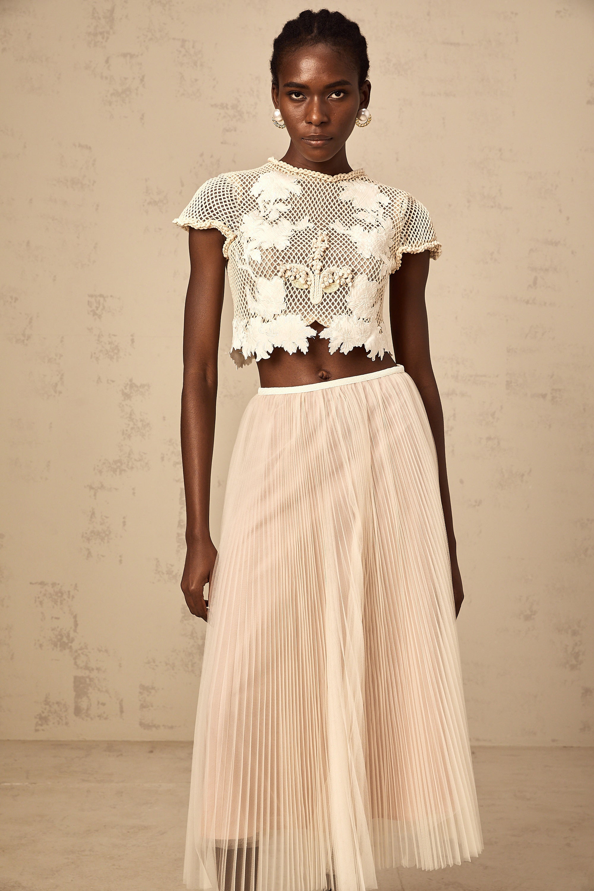 Perle neutrals floral-appliqué top & skirt matching set