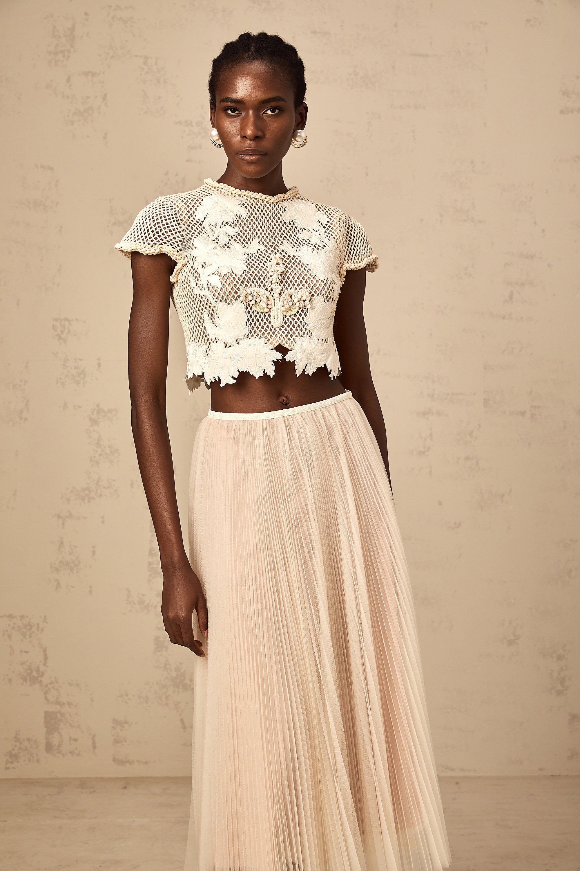 Perle neutrals floral-appliqué top & skirt matching set