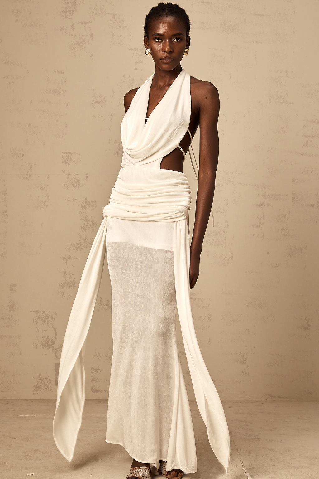 Airi White Halterneck Denim Panel Maxi Dress