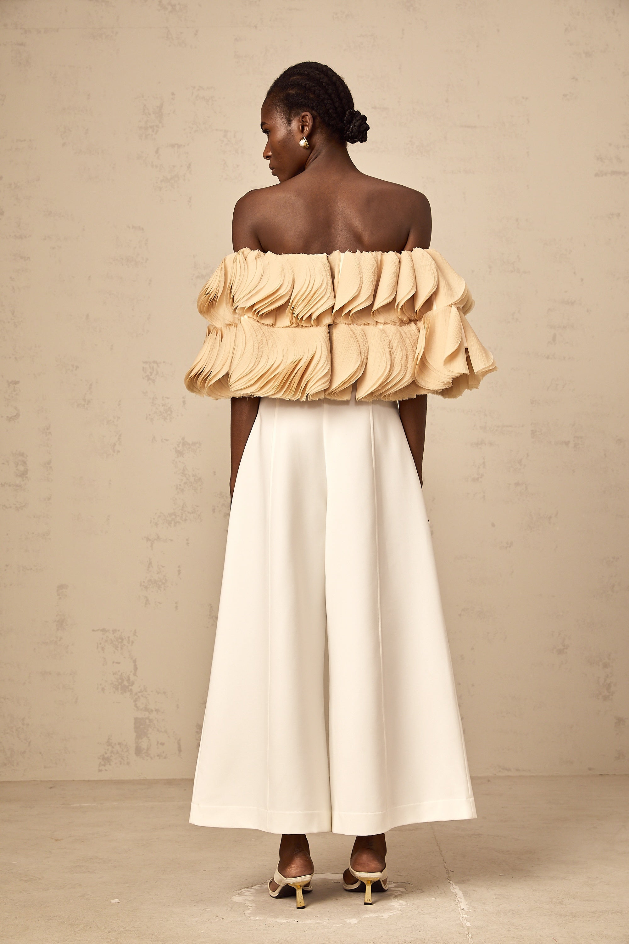 Elise neutrals off-shoulder shirred cropped top