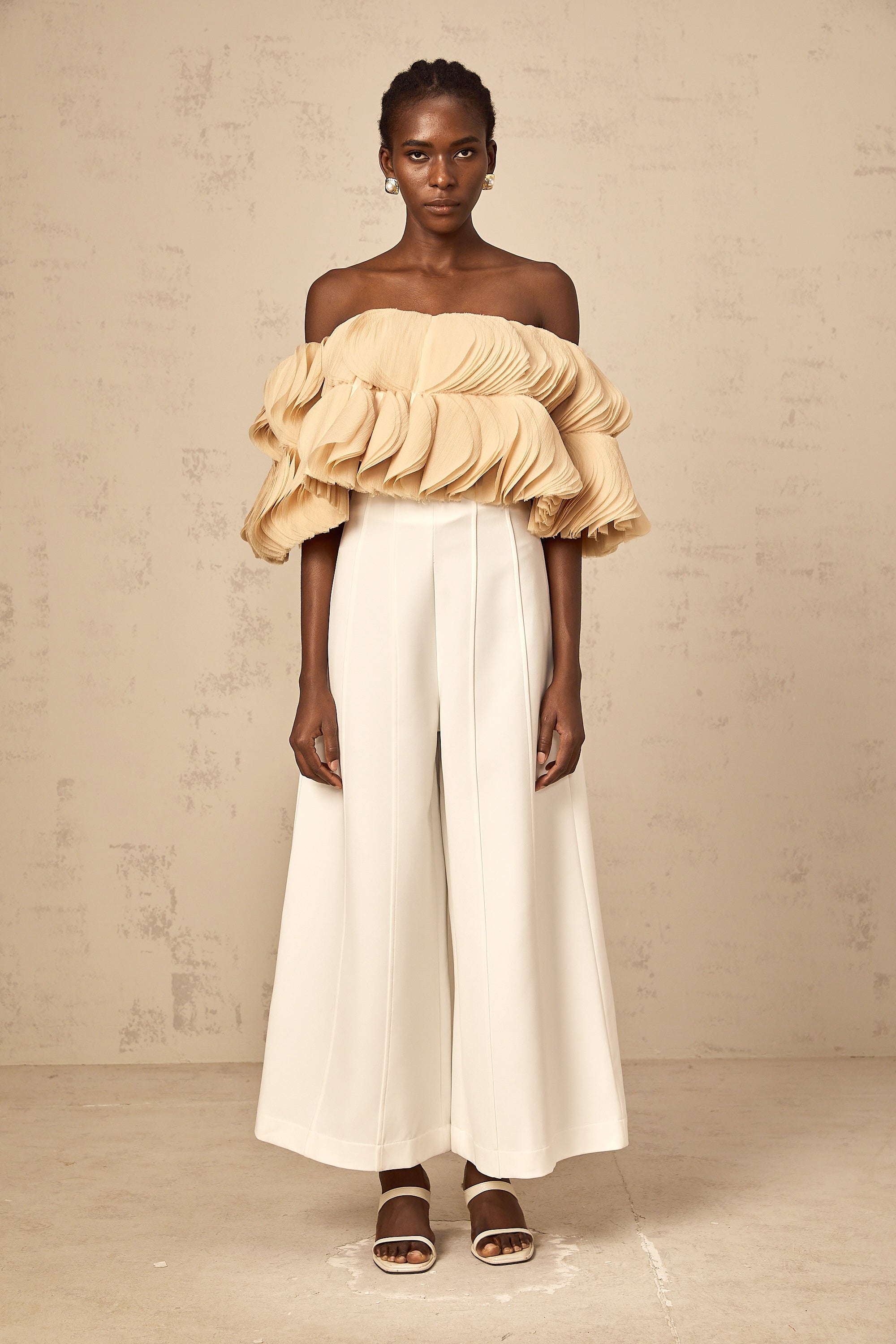 Elise neutrals off-shoulder shirred cropped top