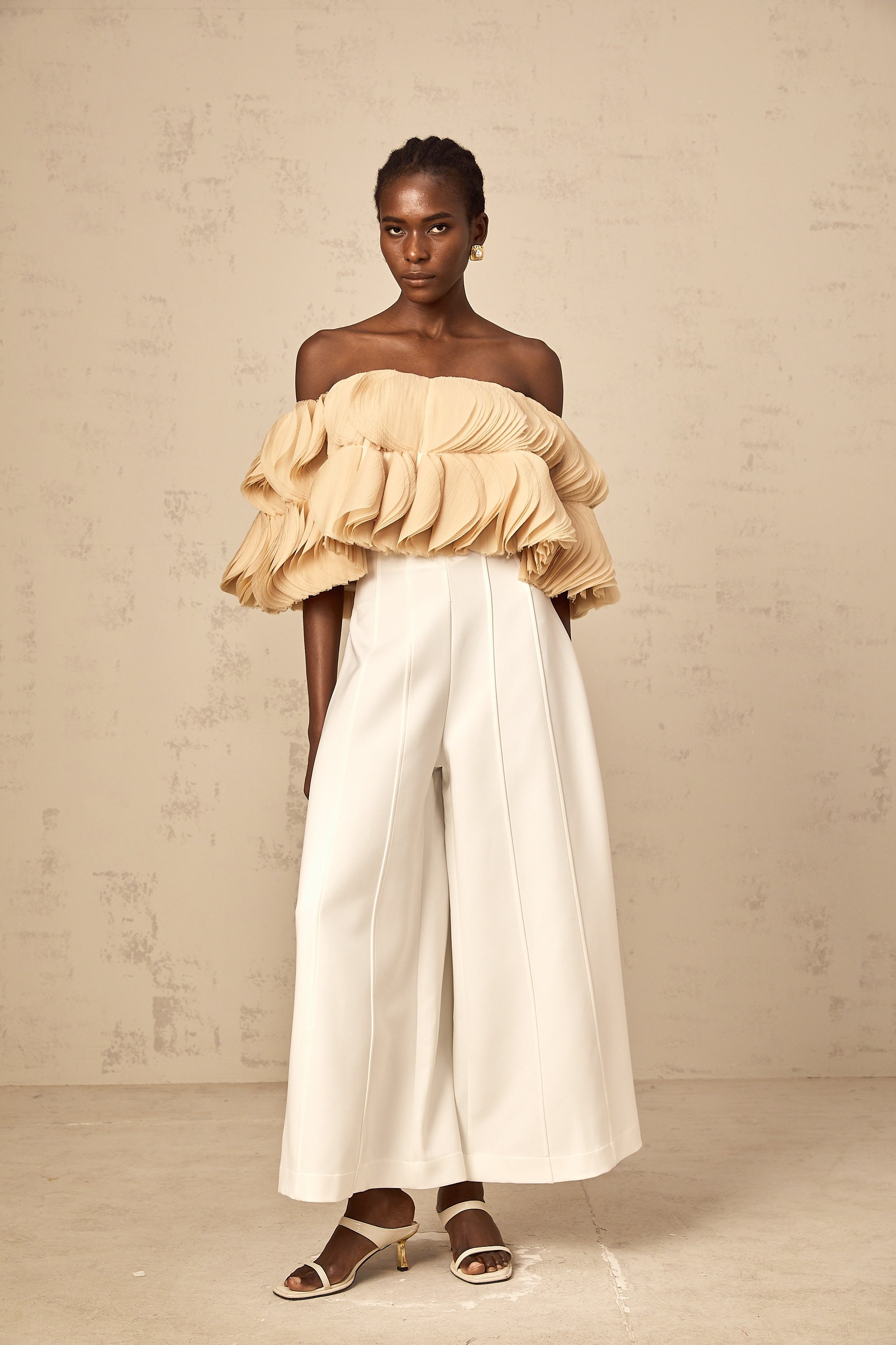Elise neutrals off-shoulder shirred cropped top