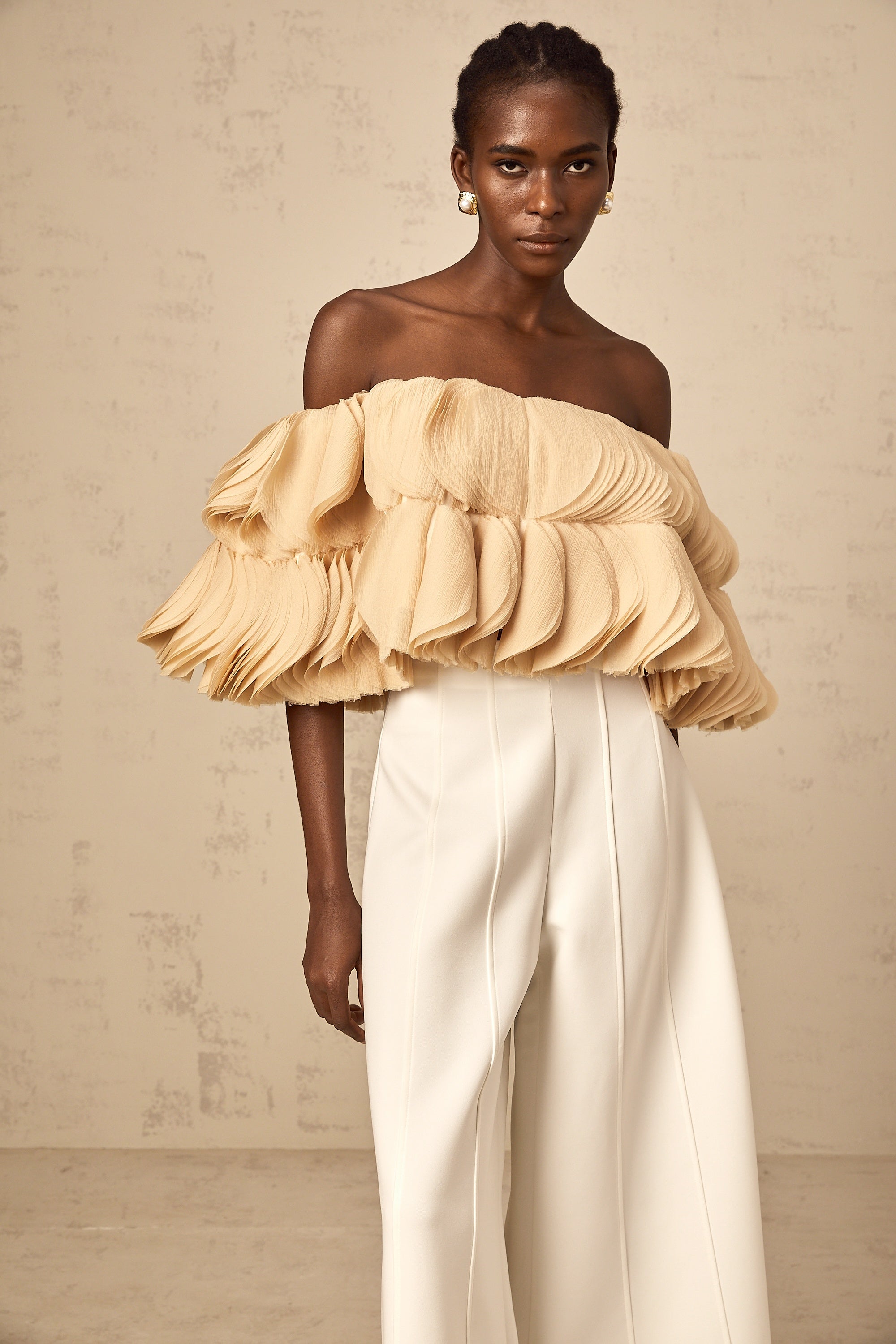 Elise neutrals off-shoulder shirred cropped top