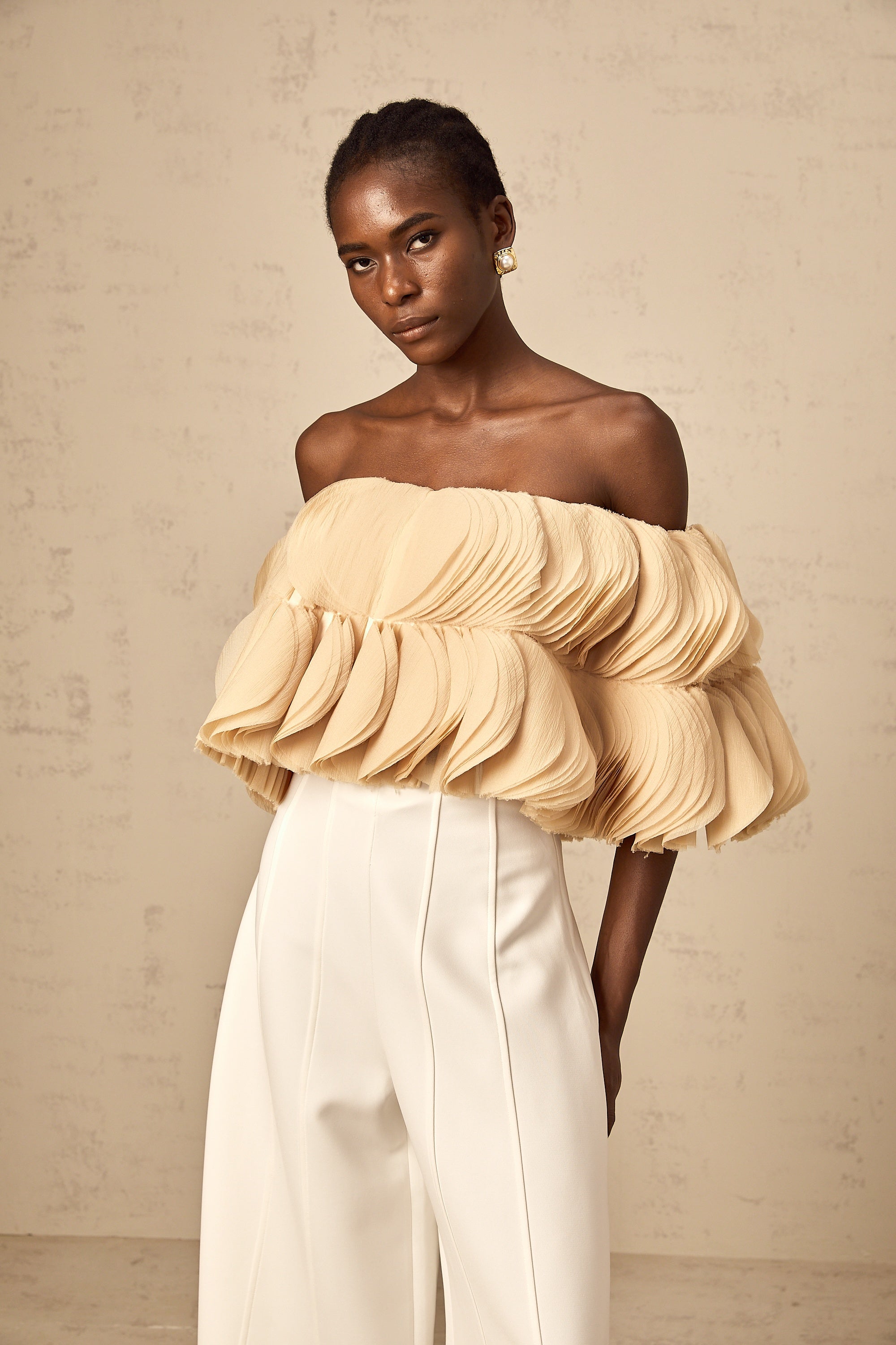 Elise neutrals off-shoulder shirred cropped top