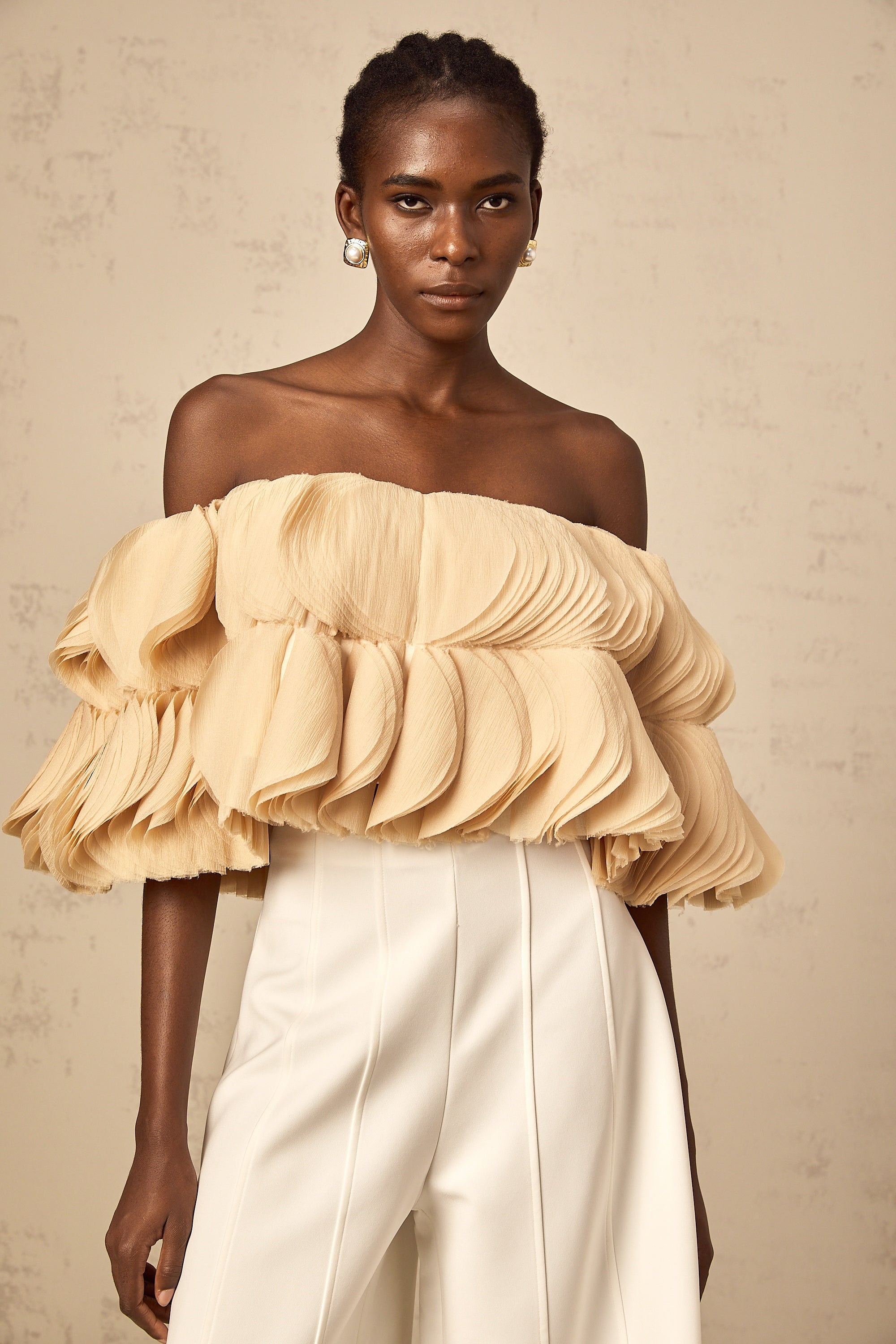 Elise neutrals off-shoulder shirred cropped top