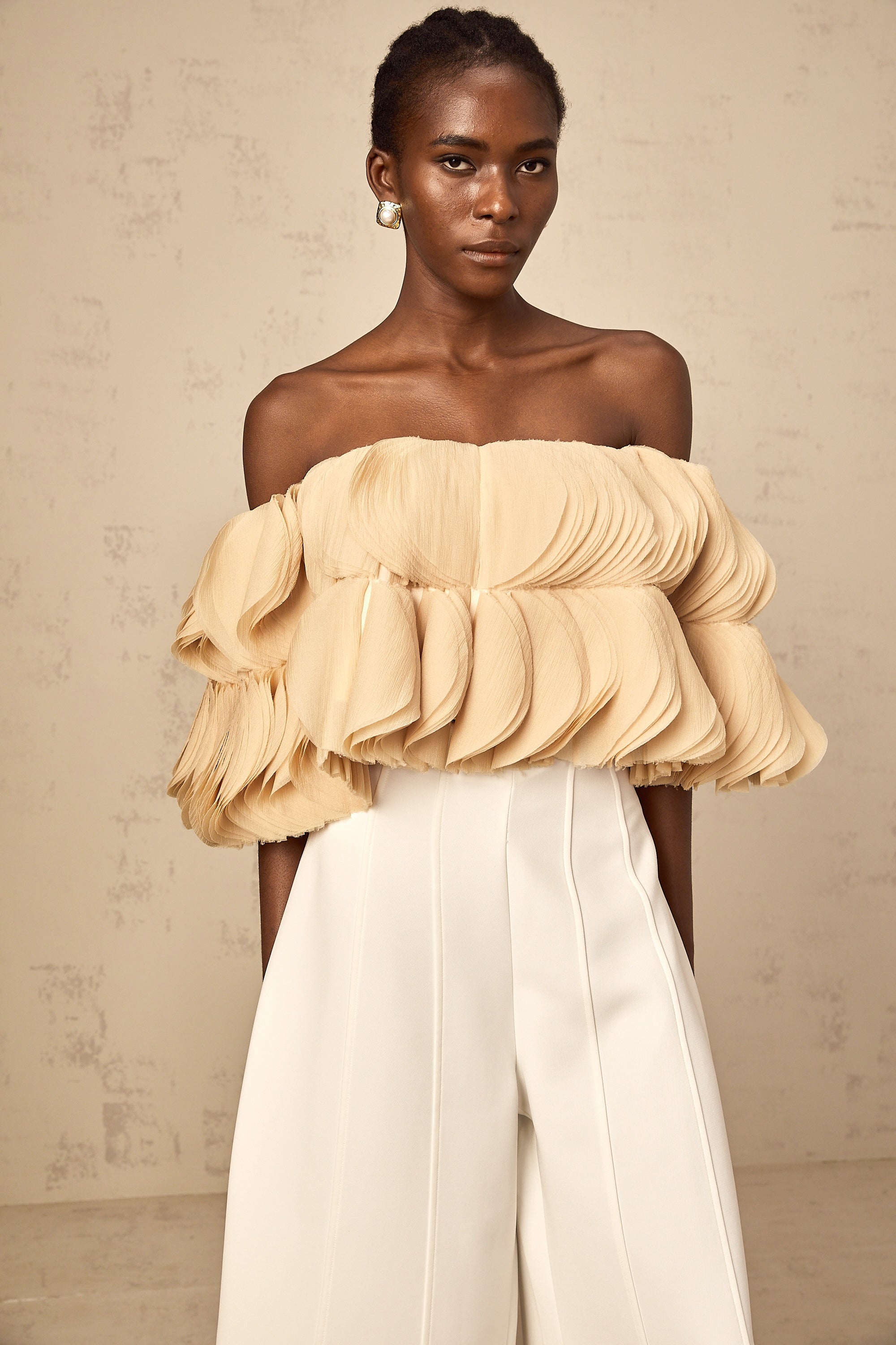 Elise neutrals off-shoulder shirred cropped top