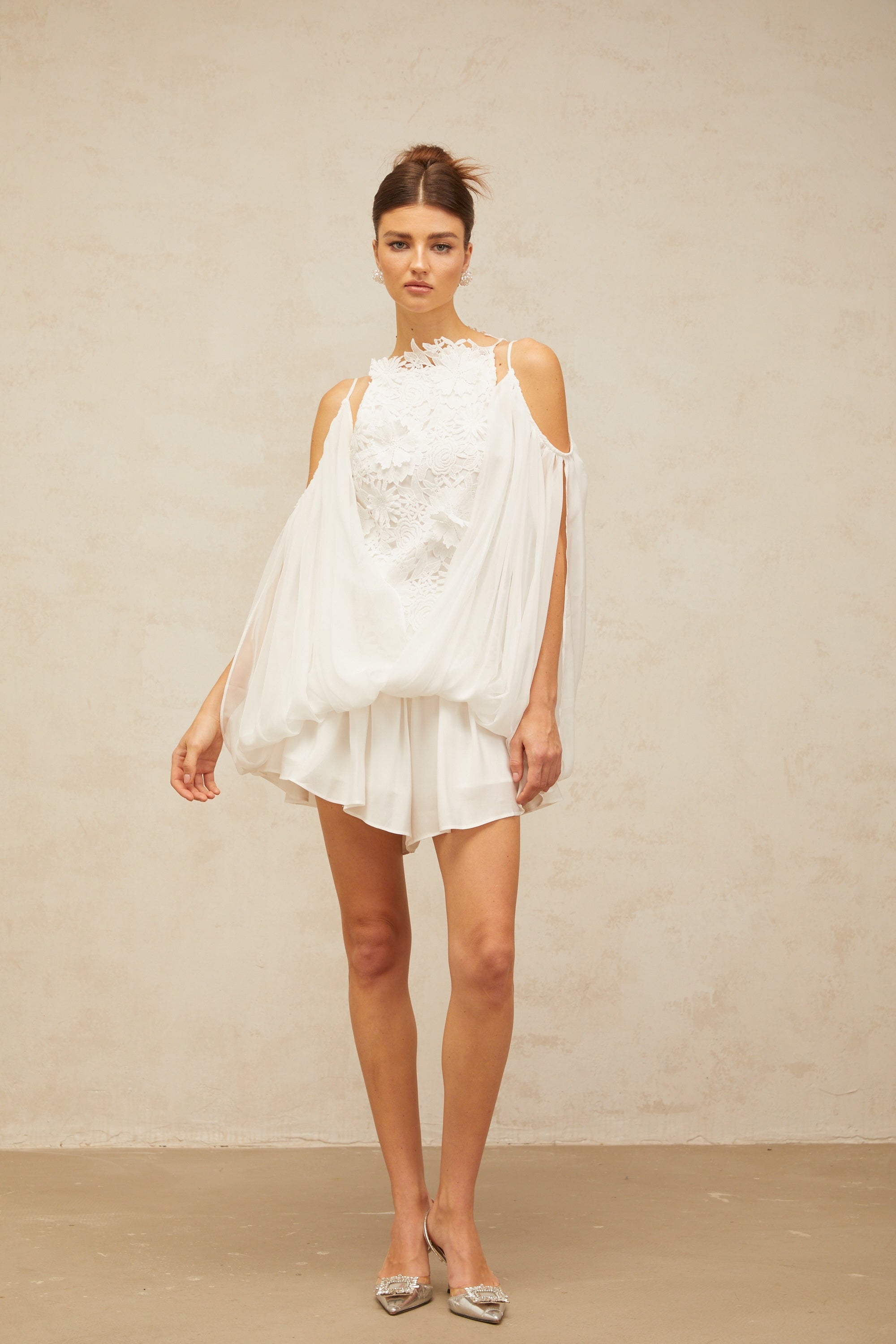 Mailys white floral-lace voile top & shorts matching set