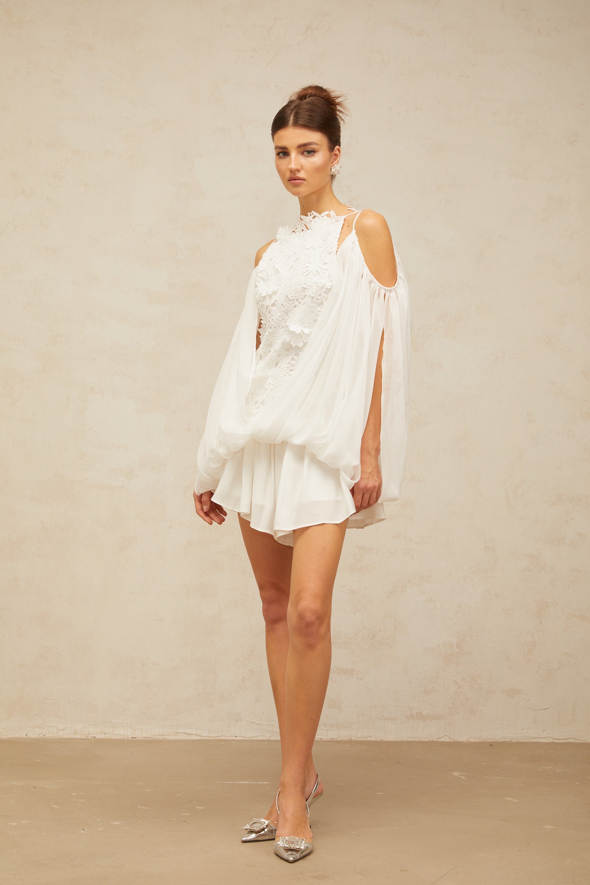 Mailys white floral-lace voile top & shorts matching set