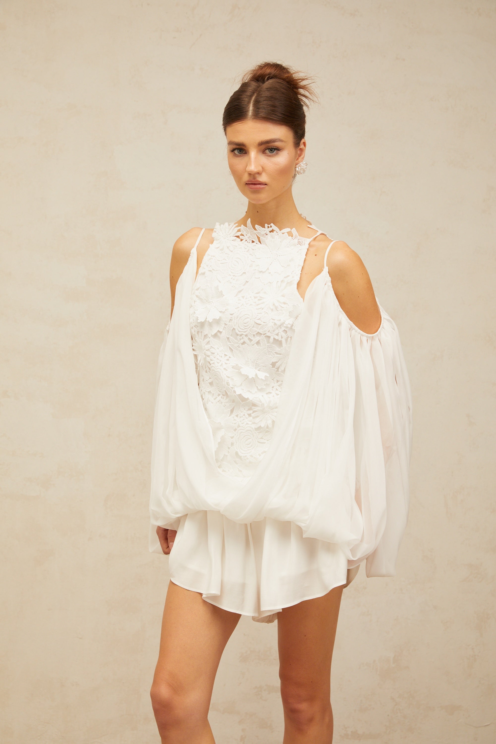 Mailys white floral-lace voile top & shorts matching set